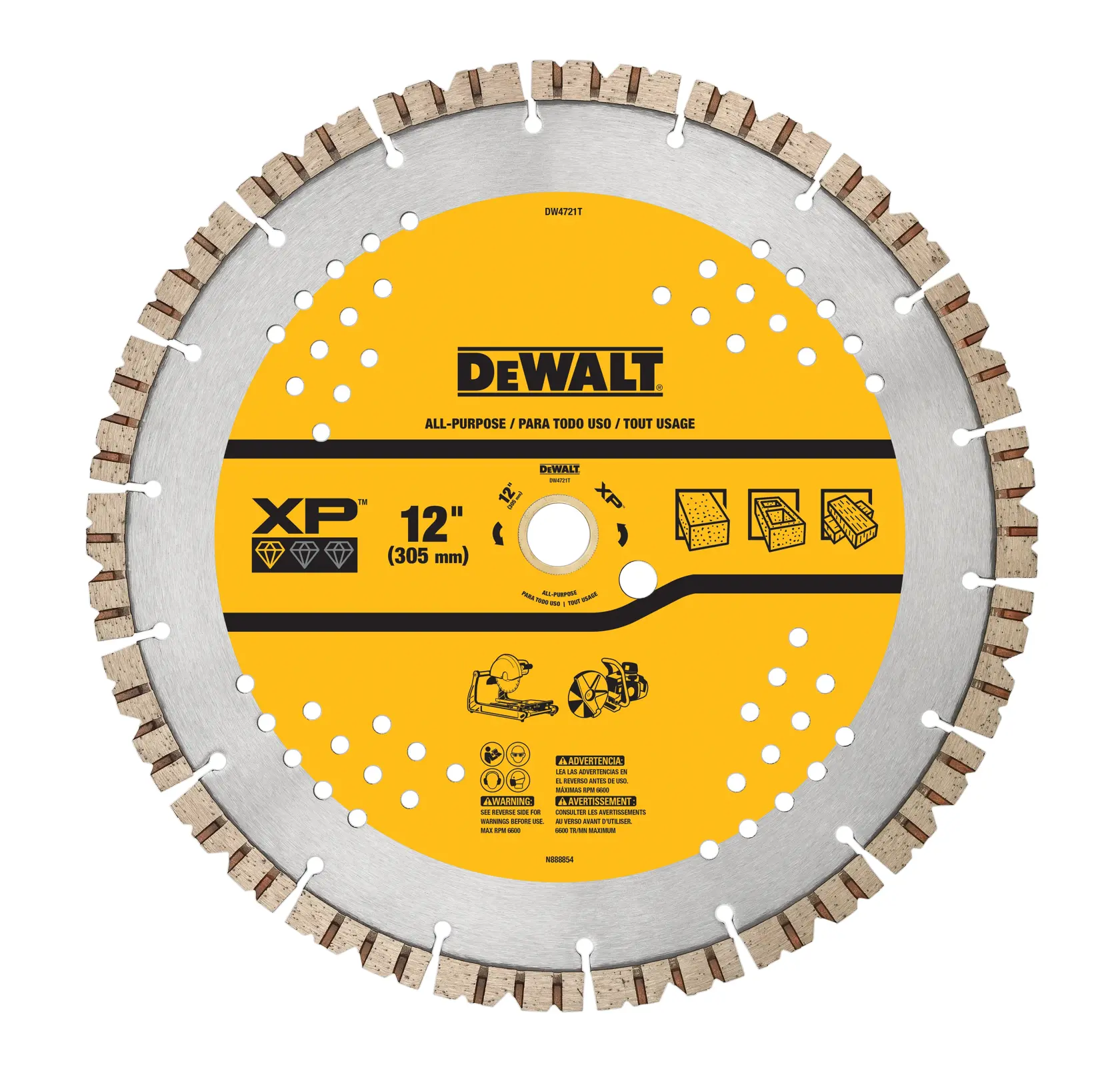 A DEWALT 12-inch (305 mm) all-purpose circular saw blade, model DW4741T, featuring a segmented rim with diamond-edged teeth for cutting various materials. The blade is yellow with clear branding and usage icons.