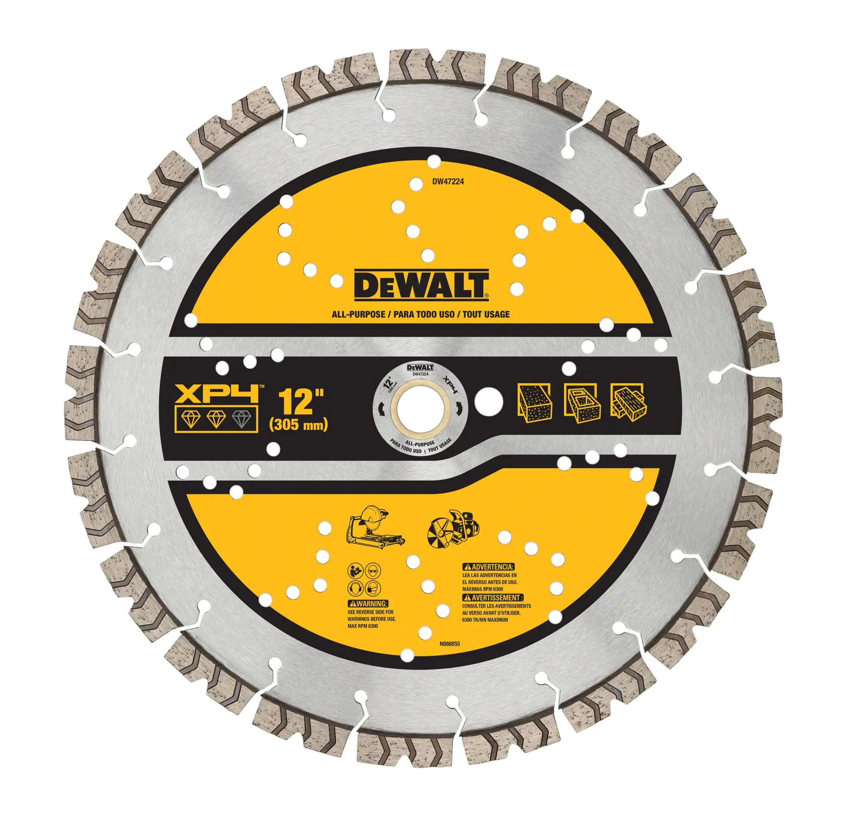 DEWALT XP4 12-inch (305 mm) all-purpose diamond cutting blade. The circular blade has segmented rim design and features yellow and black DEWALT branding with user warnings and pictograms.