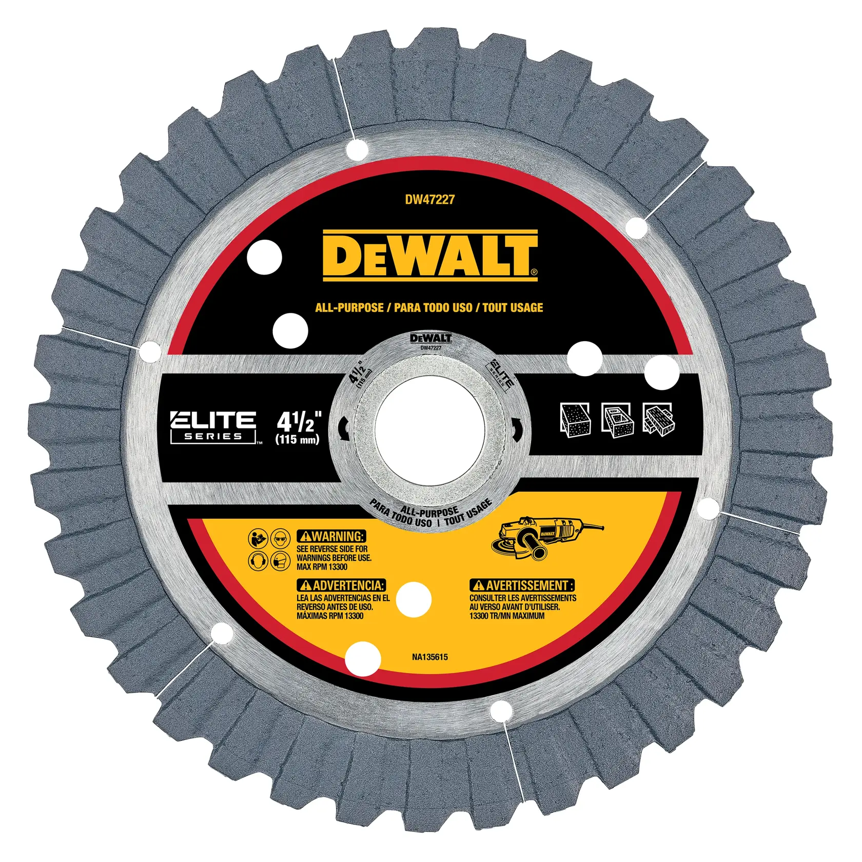 A DEWALT all-purpose segmented diamond blade for use with grinders. The blade is 4.5 inches (115 mm) in diameter, labeled DW47227, Elite Series. The blade has a serrated edge and several holes around its surface, with warning, usage instructions, and compatibility icons printed on the front.