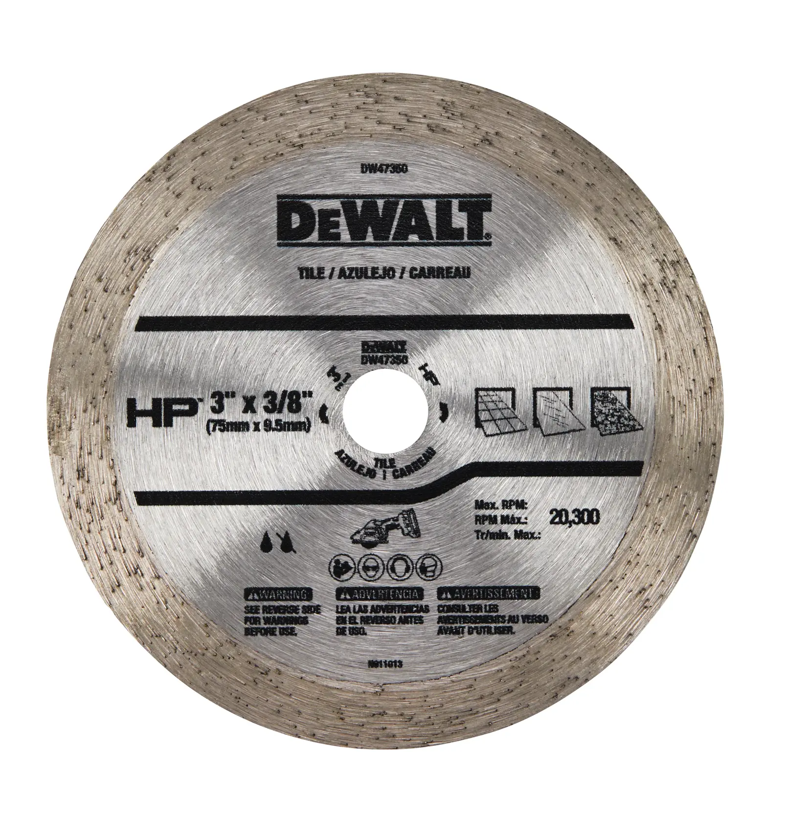 DEWALT DW47350 diamond blade for tile cutting, circular shape, 3 inches by 3/8 inches size, silver color with product information printed on the surface.