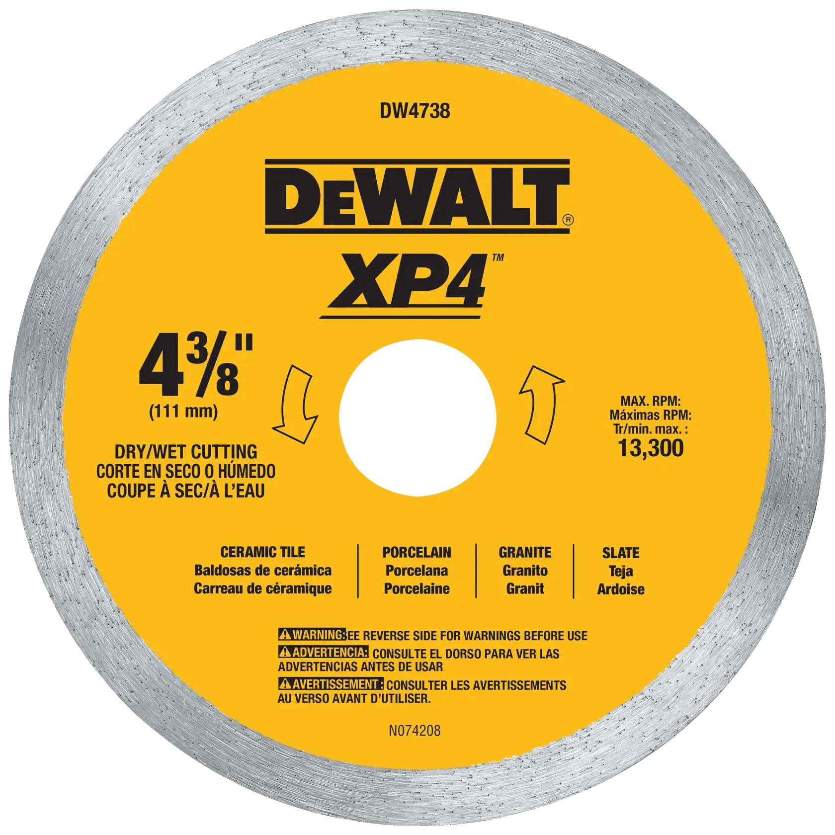 DEWALT XP4 diamond blade for cutting ceramic tile, porcelain, granite, and slate. The blade is yellow and silver, labeled with model DW4738, 4-3/8 inch (111 mm) size, and maximum RPM of 13,300. Instructions and warnings are printed in English, Spanish, and French.