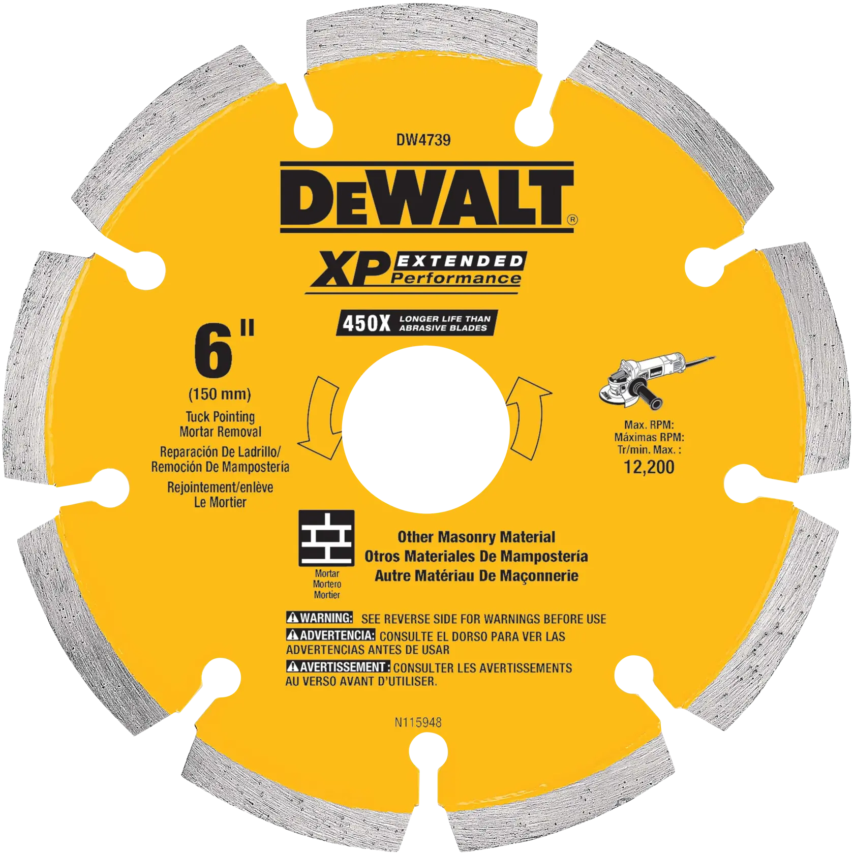 A close-up image of a DEWALT branded 6-inch masonry cutting blade. The blade is yellow with silver segments, labeled 'XP Extended Performance.' It is designed for tuck pointing and mortar removal. Maximum RPM is 12,200. Text is in English, Spanish, and French.