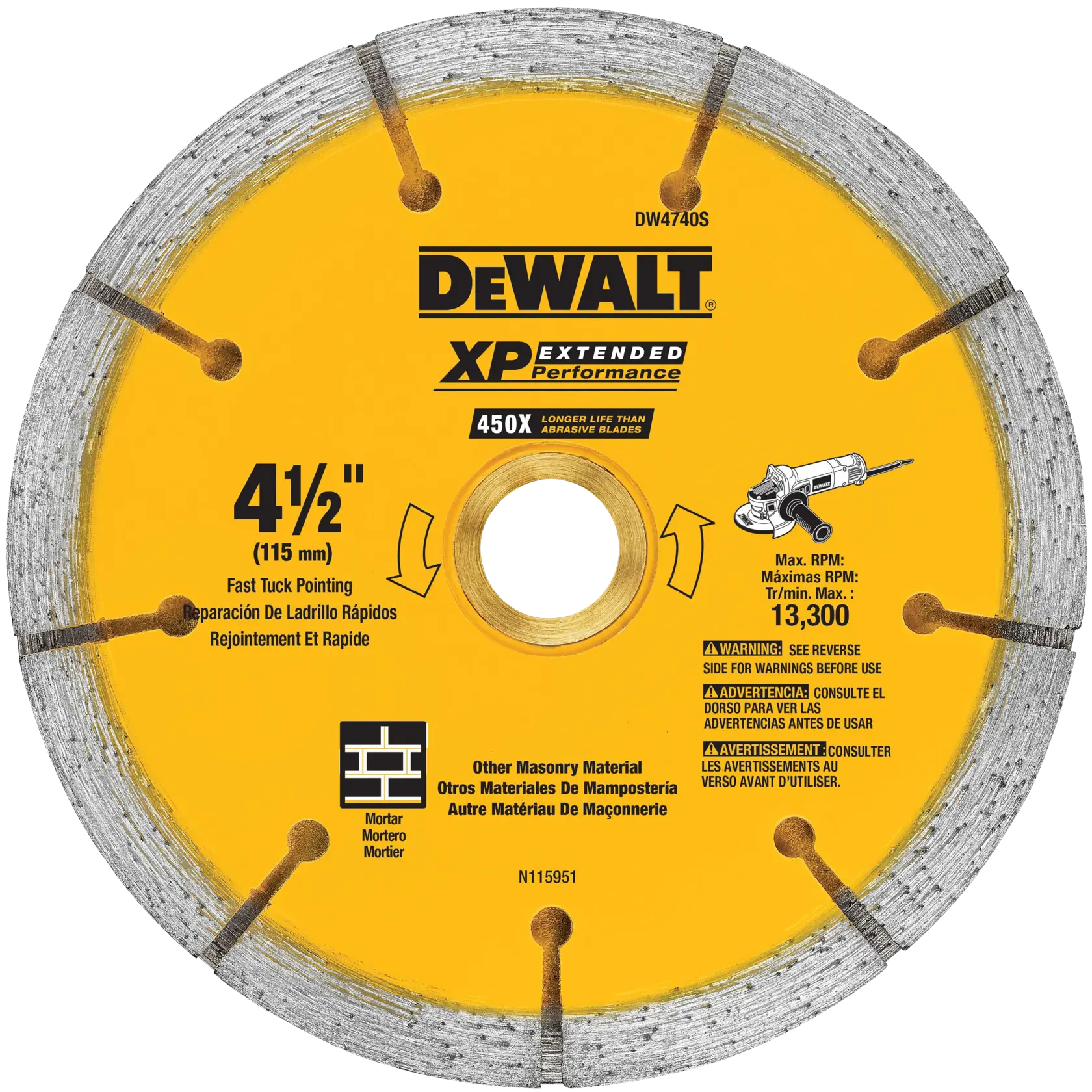 DEWALT XP Extended Performance diamond masonry blade for fast tuck pointing, 4.5 inches (115 mm) diameter, suitable for mortar and other masonry materials. The blade is yellow with segmented edges and product information printed on the front.