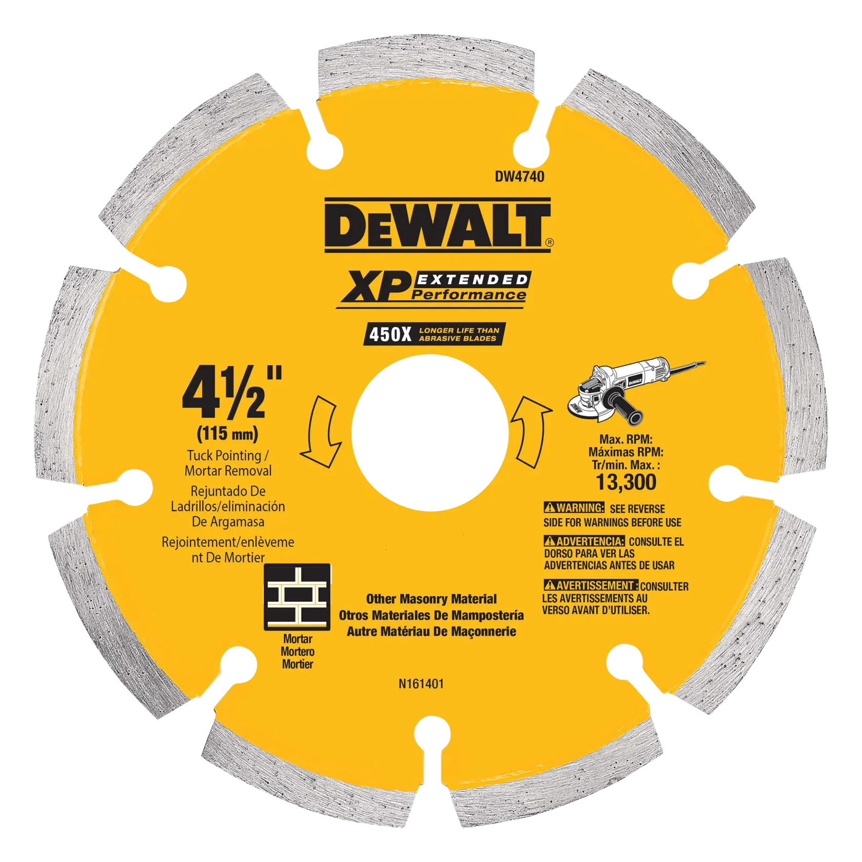 A yellow DEWALT XP Extended Performance diamond blade for masonry and mortar removal, labeled DW4740. The blade has a diameter of 4 1/2 inches (115 mm) and is designed for tuck pointing and other masonry materials. Maximum RPM is 13,300. Various safety and usage information is printed on the blade.