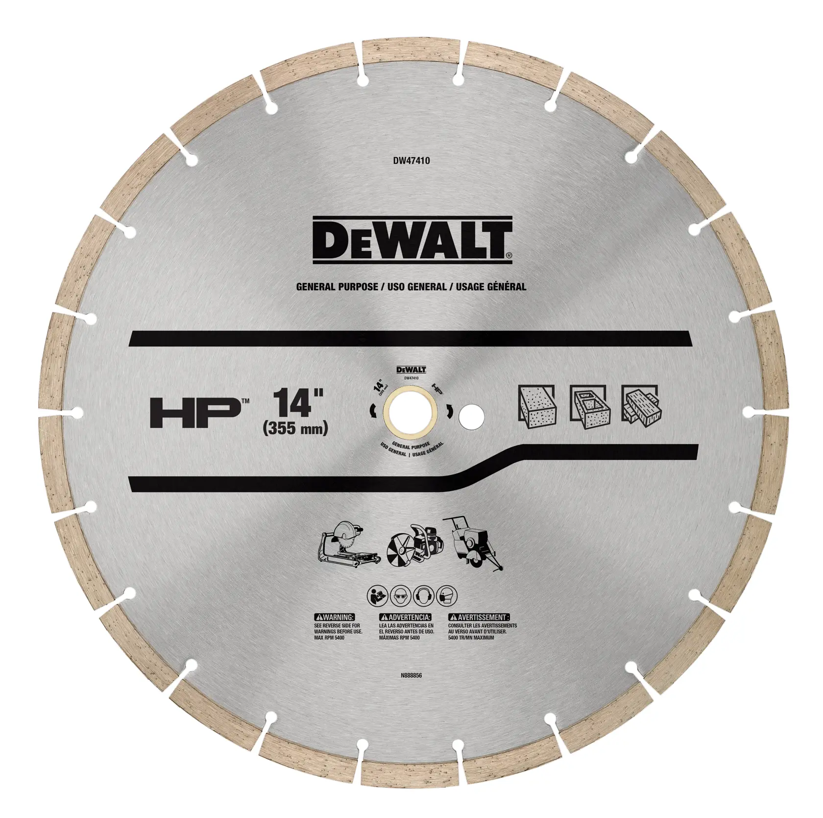 A DEWALT HP 14 inch (355 mm) segmented diamond saw blade for general purpose use, shown from the front. The blade features labeled sections, icons for different material cutting applications, and safety warnings.