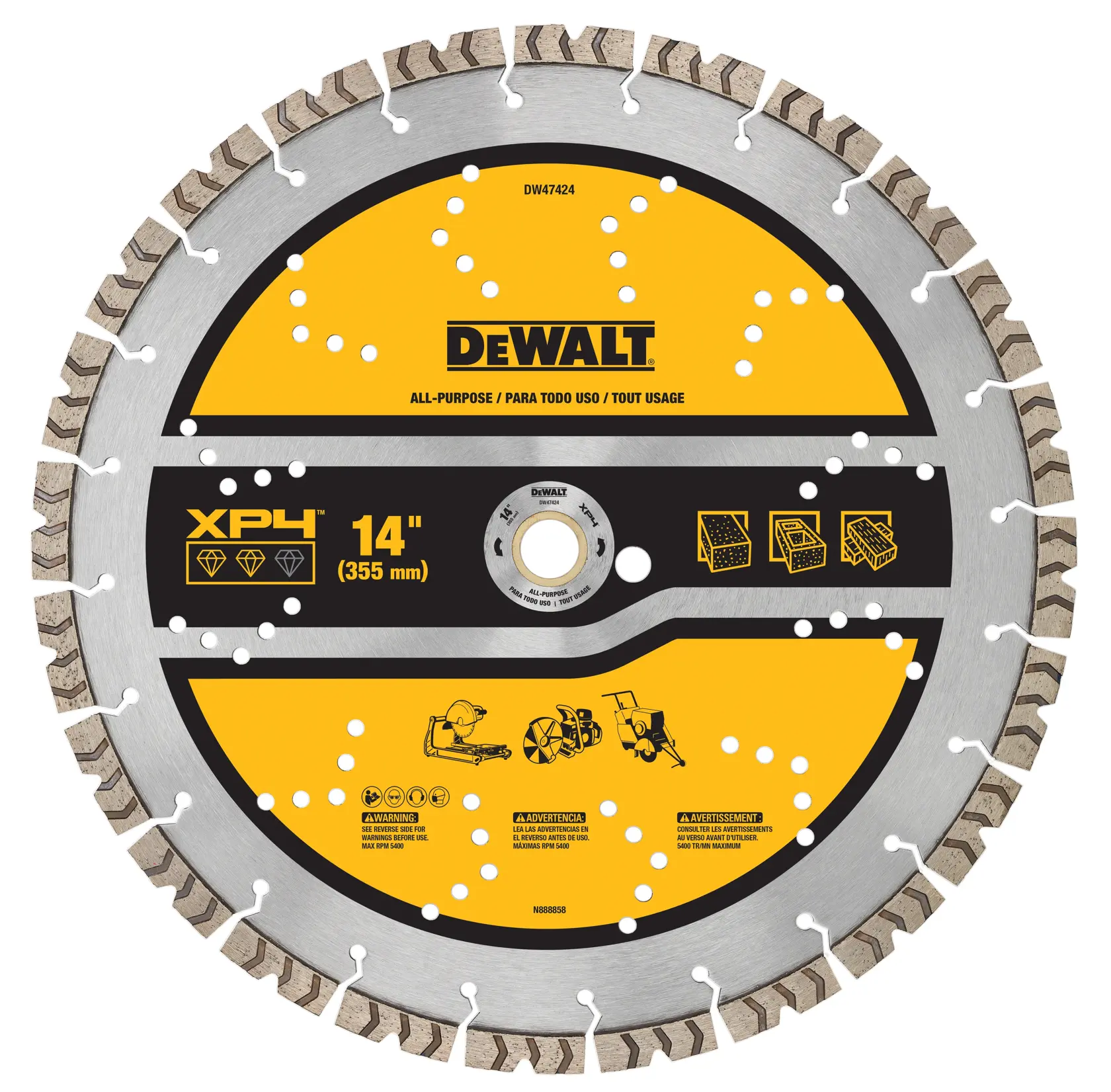 A DEWALT XP4 14-inch (355 mm) all-purpose segmented diamond saw blade, designed for cutting various materials. The blade features yellow and black labeling, product code DW47424, safety symbols, and usage instructions.