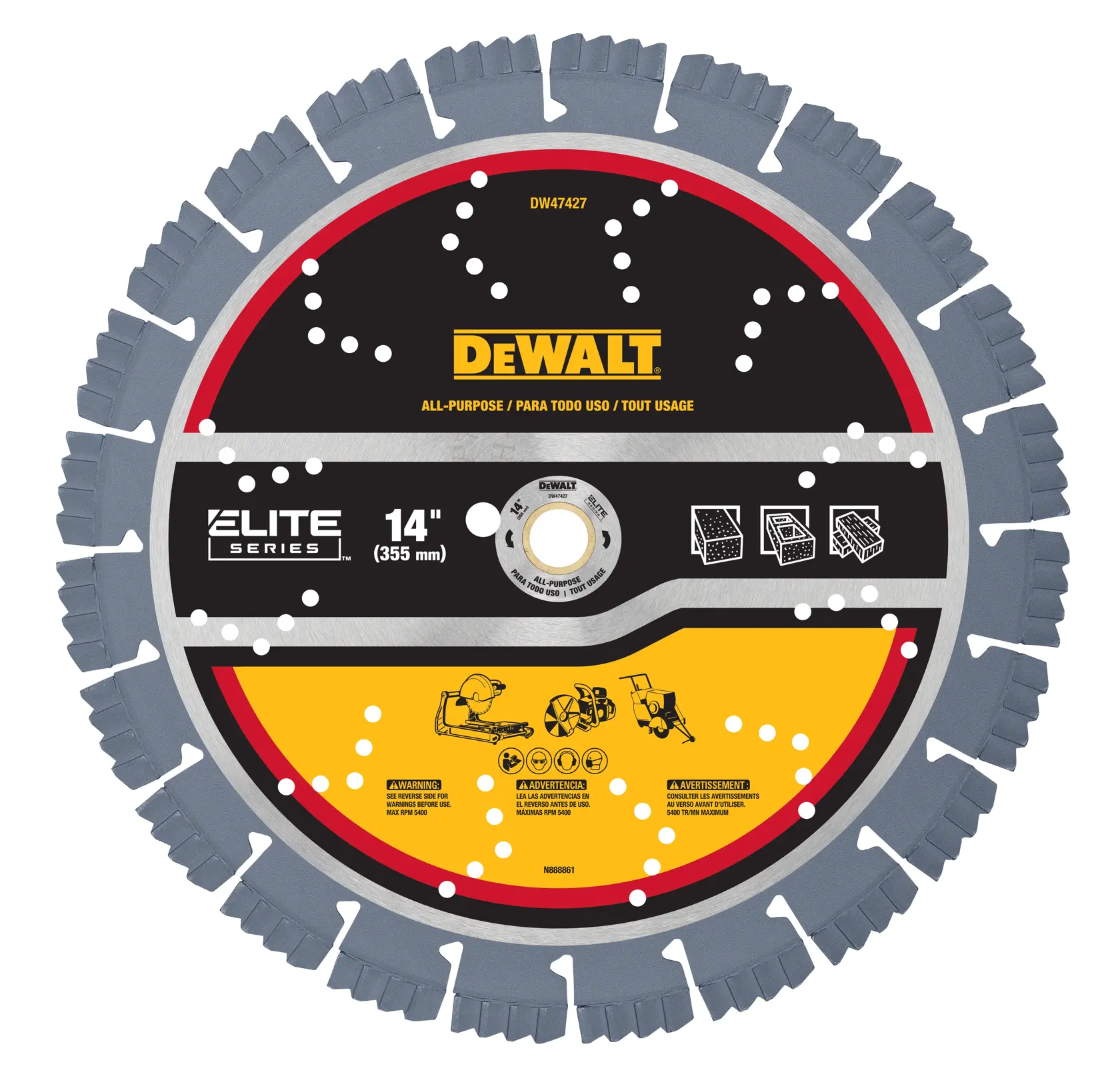 A DEWALT Elite Series 14-inch (355 mm) all-purpose saw blade with segmented edges and printed icons illustrating various material uses, including concrete, brick, and block. The blade features safety warnings and brand information.