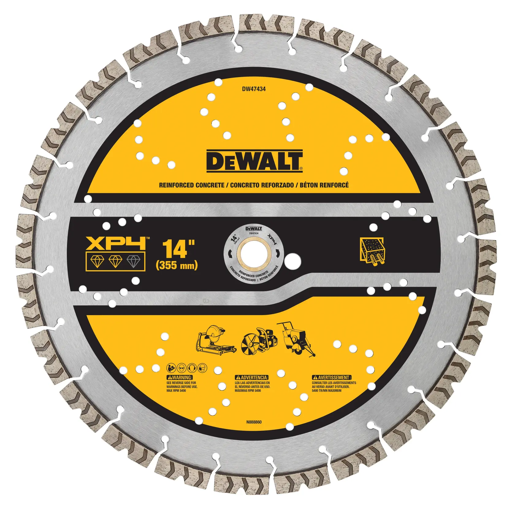 A DEWALT branded circular saw blade for reinforced concrete, model DW47434, XP4, 14 inch (355 mm) diameter. The blade features a segmented rim and has yellow and black labeling with various safety warnings and usage icons.