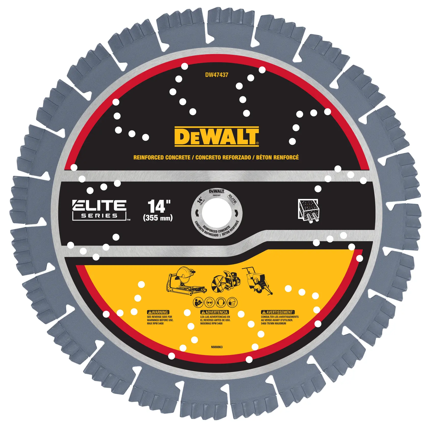 A DEWALT Elite Series 14-inch (355 mm) circular saw blade for reinforced concrete, featuring tungsten carbide segments and labeled with safety warnings and usage instructions.