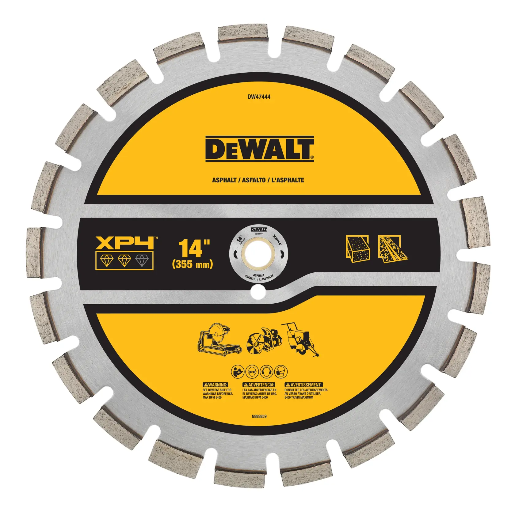 A DEWALT 14-inch (355 mm) segmented diamond blade, model DW47444, designed for cutting asphalt. The disc is yellow and silver with black details and includes icons and warning labels, suitable for masonry saws and concrete cutters.