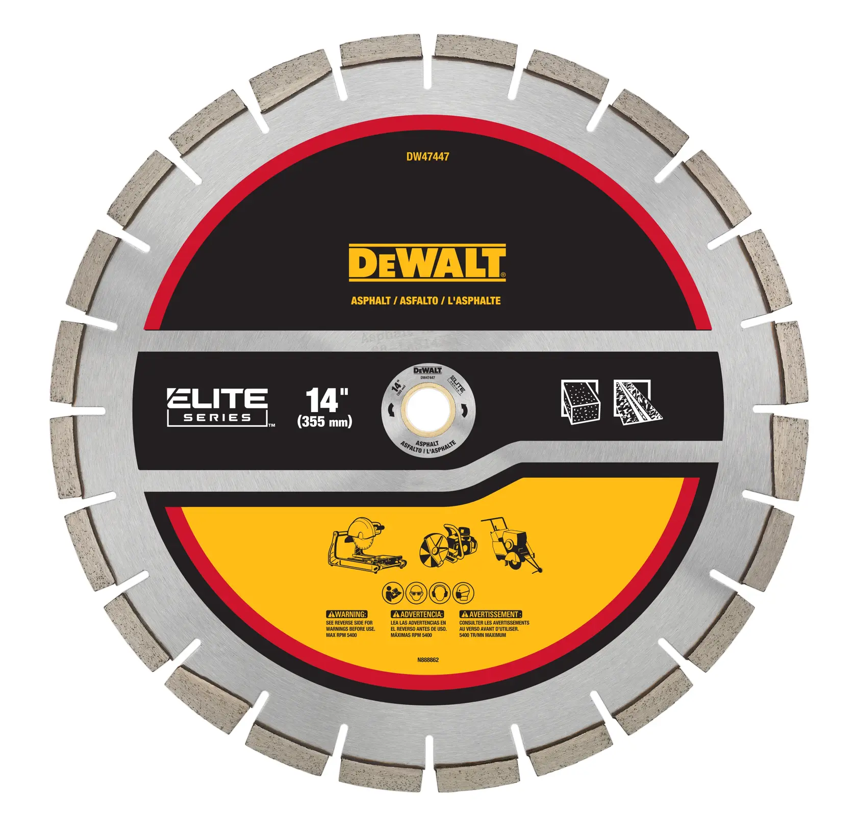 DEWALT Elite Series 14-inch (355 mm) segmented diamond blade for cutting asphalt, shown with black, yellow, and red labeling. The blade is circular with silver segments and includes product warnings and graphics for use with power tools.