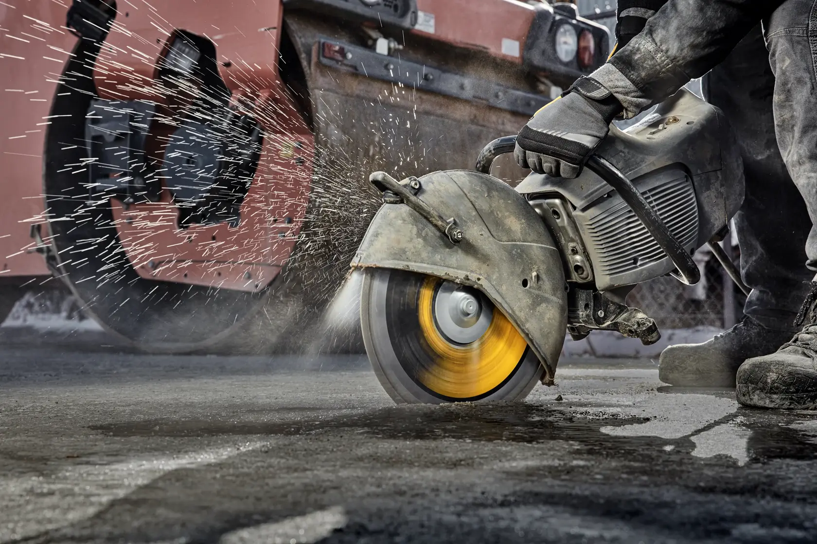Image of a DEWALT XP7 14-inch (355 mm) asphalt cutting blade. The blade features laser-welded drop segments, densely packed diamonds, and a reinforced metal matrix. The label highlights its engineered design for cutting asphalt and mentions manufactured diamonds.
