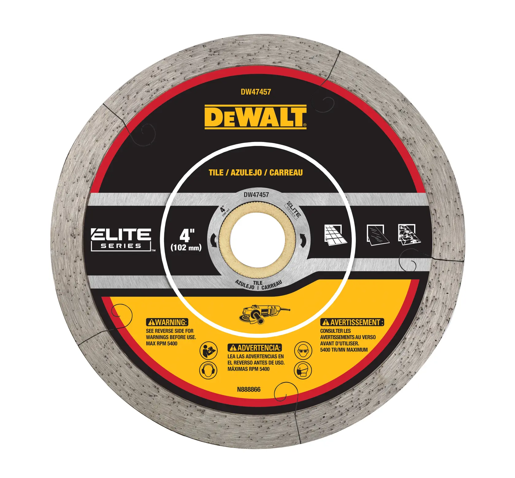 A DEWALT Elite Series 4-inch (102 mm) circular tile cutting blade, model DW47457. The blade is mainly silver with black and yellow labeling, and includes safety warnings and multilingual text for tile cutting applications.
