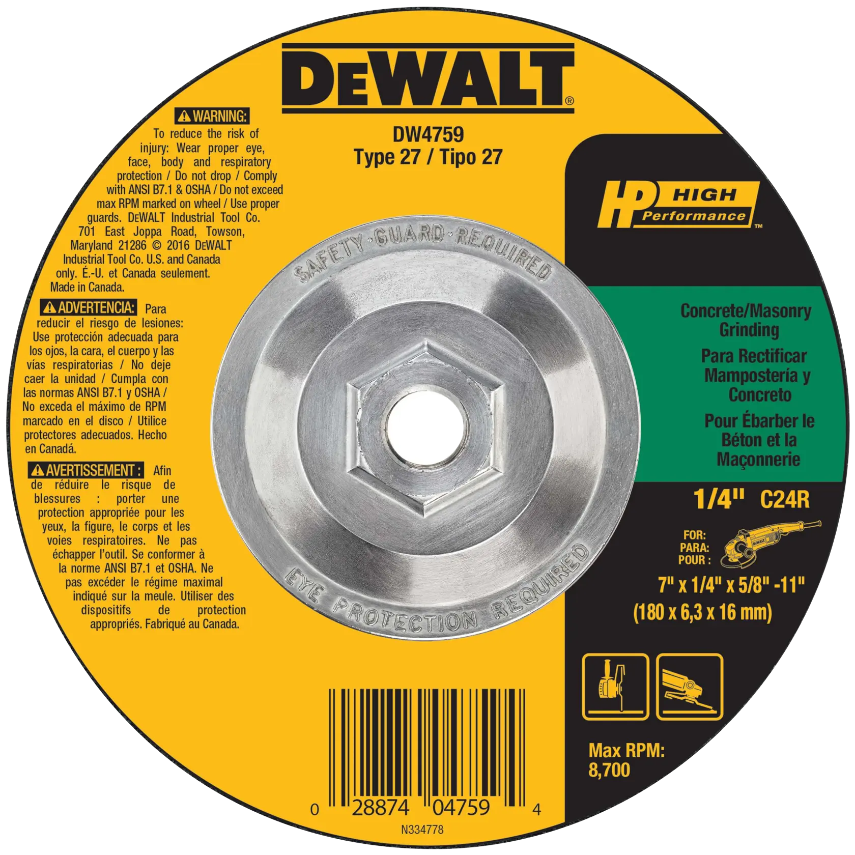 A close-up image of a DEWALT DW4759 Type 27 High Performance grinding wheel for concrete and masonry. The yellow and black label displays warnings and instructions in English, Spanish, and French, technical specifications, and usage guidelines such as max RPM 8,700. The central silver metal hub is visible, and product barcode is at the bottom.