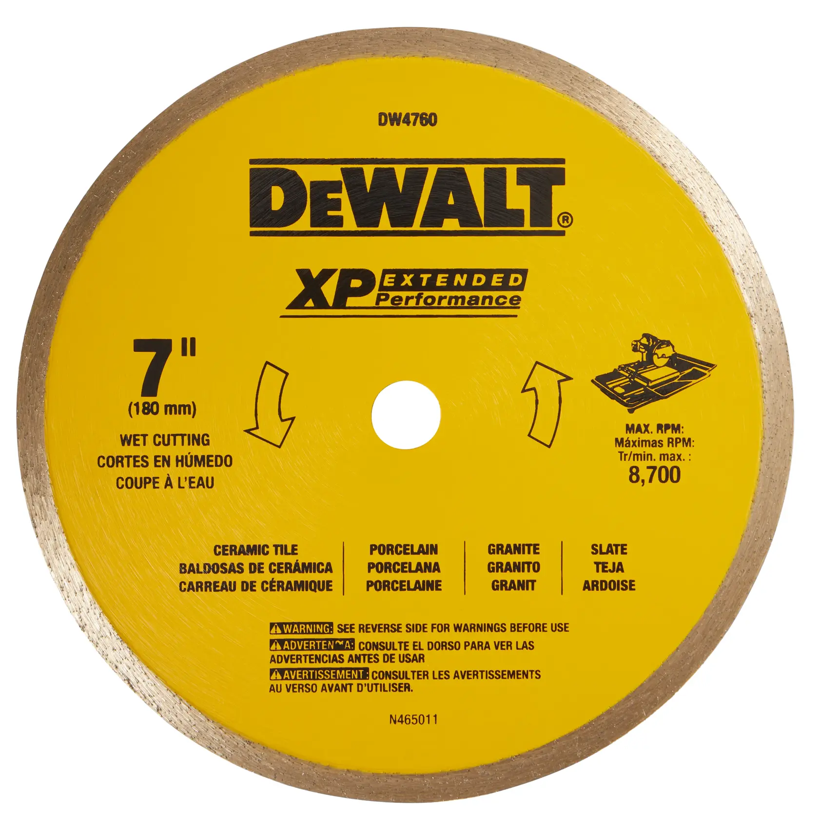 A DEWALT DW4760 7-inch (180 mm) wet cutting diamond blade for tile, porcelain, granite, and slate, featuring XP Extended Performance branding, a maximum RPM of 8,700, and multilingual warnings on a yellow blade.