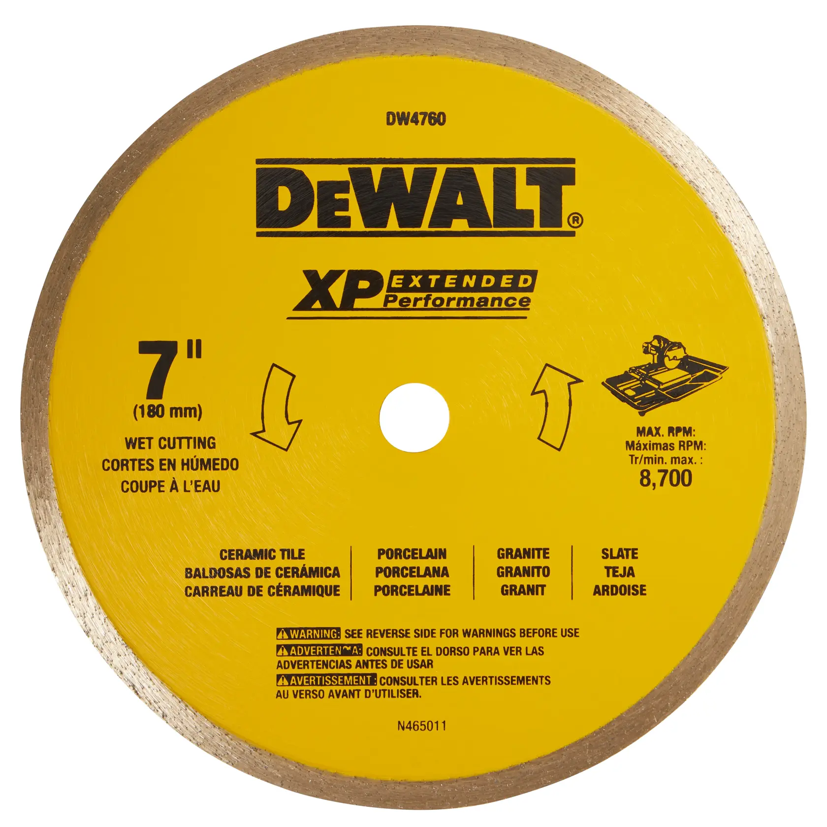 A DEWALT XP Extended Performance 7-inch (180 mm) diamond cutting blade for wet cutting, shown with a yellow face. The blade is labeled for use on ceramic tile, porcelain, granite, and slate. Maximum RPM is 8,700 and safety warnings are printed in three languages.