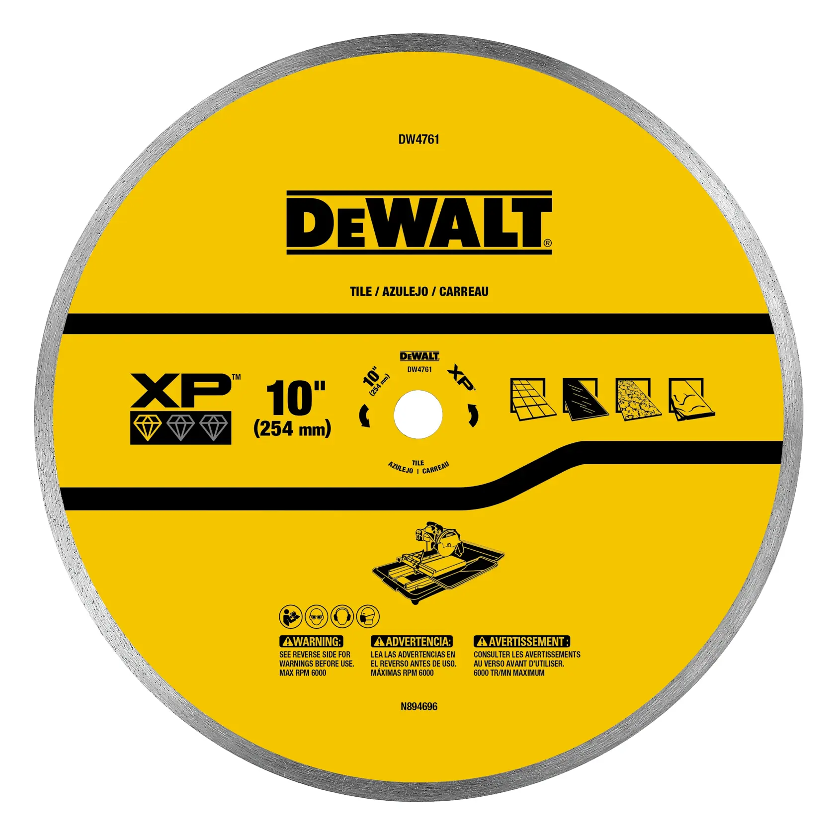 A DEWALT branded 10-inch (254 mm) XP tile cutting blade with a yellow label. The blade model is DW4761, suitable for tile cutting, and features icons indicating diamond quality, usage instructions, and safety warnings in multiple languages.