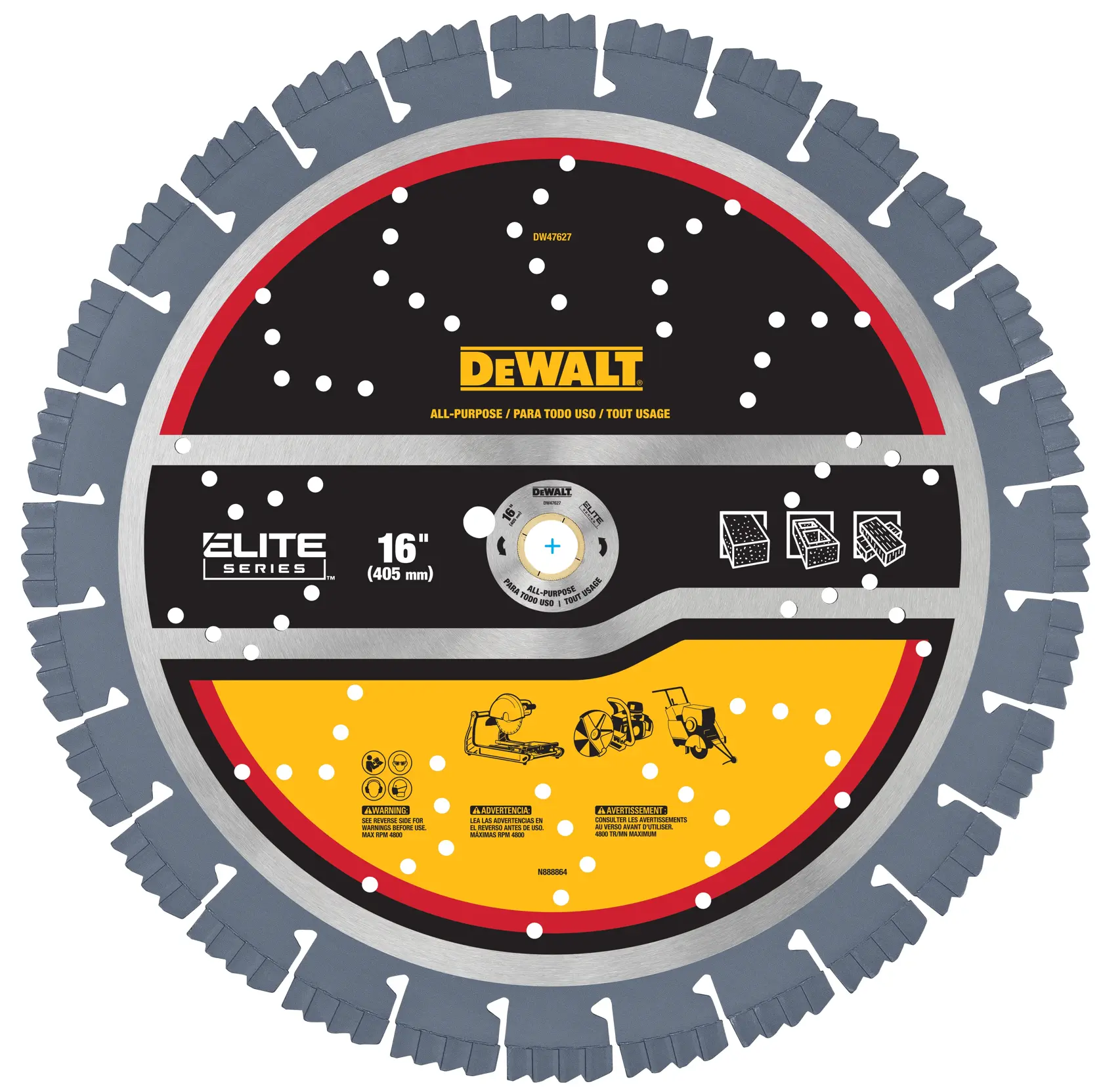 A DEWALT Elite Series 16-inch (405 mm) all-purpose segmented diamond saw blade, featuring a black and yellow design with product details, safety warnings, and schematic illustrations for different cutting applications.