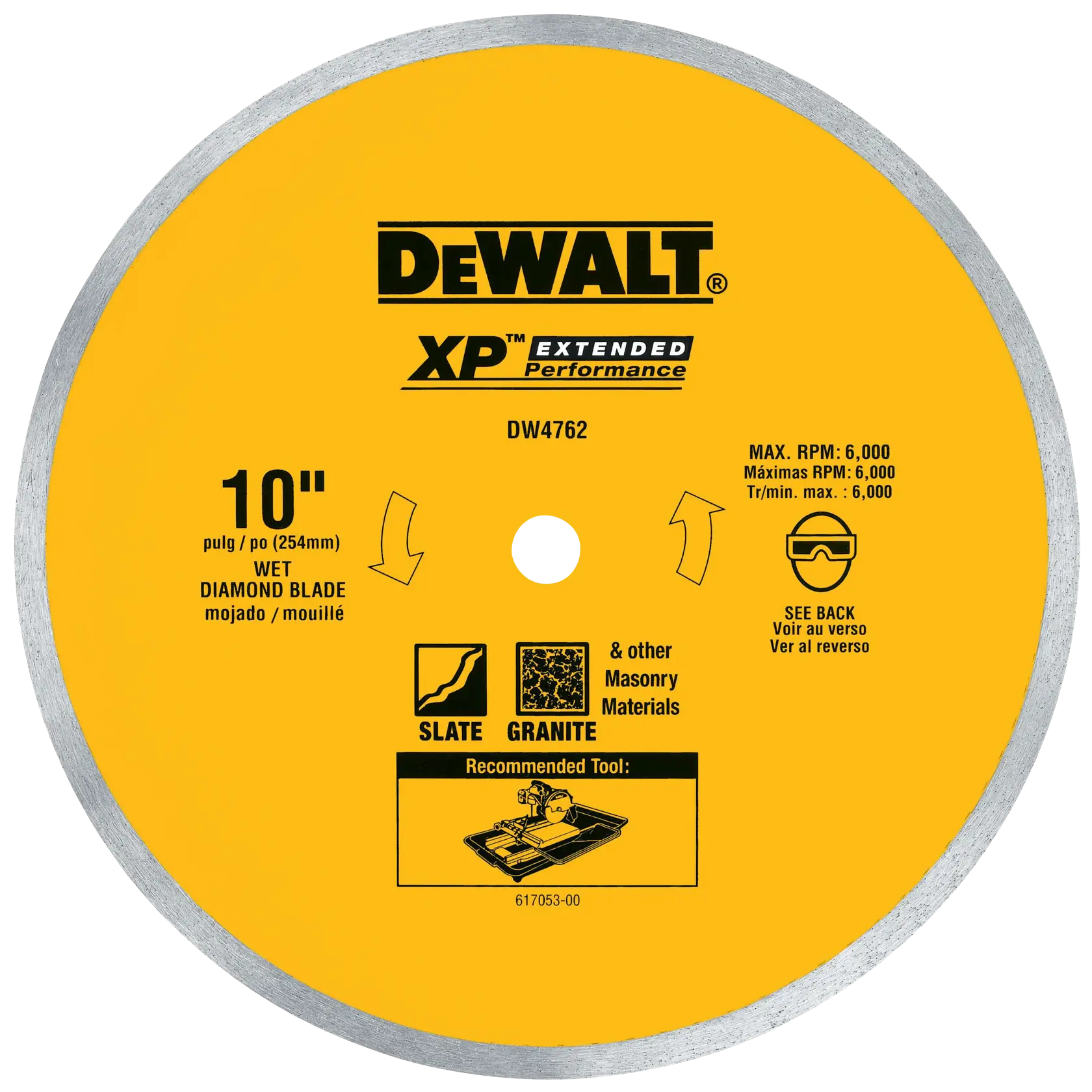 A DEWALT XP Extended Performance wet diamond blade, model DW4762, with a yellow and silver design. The blade is 10 inches (254mm) in diameter and is recommended for cutting slate, granite, and other masonry materials. Maximum RPM is 6,000. Safety instructions and recommended tool are indicated on the blade.