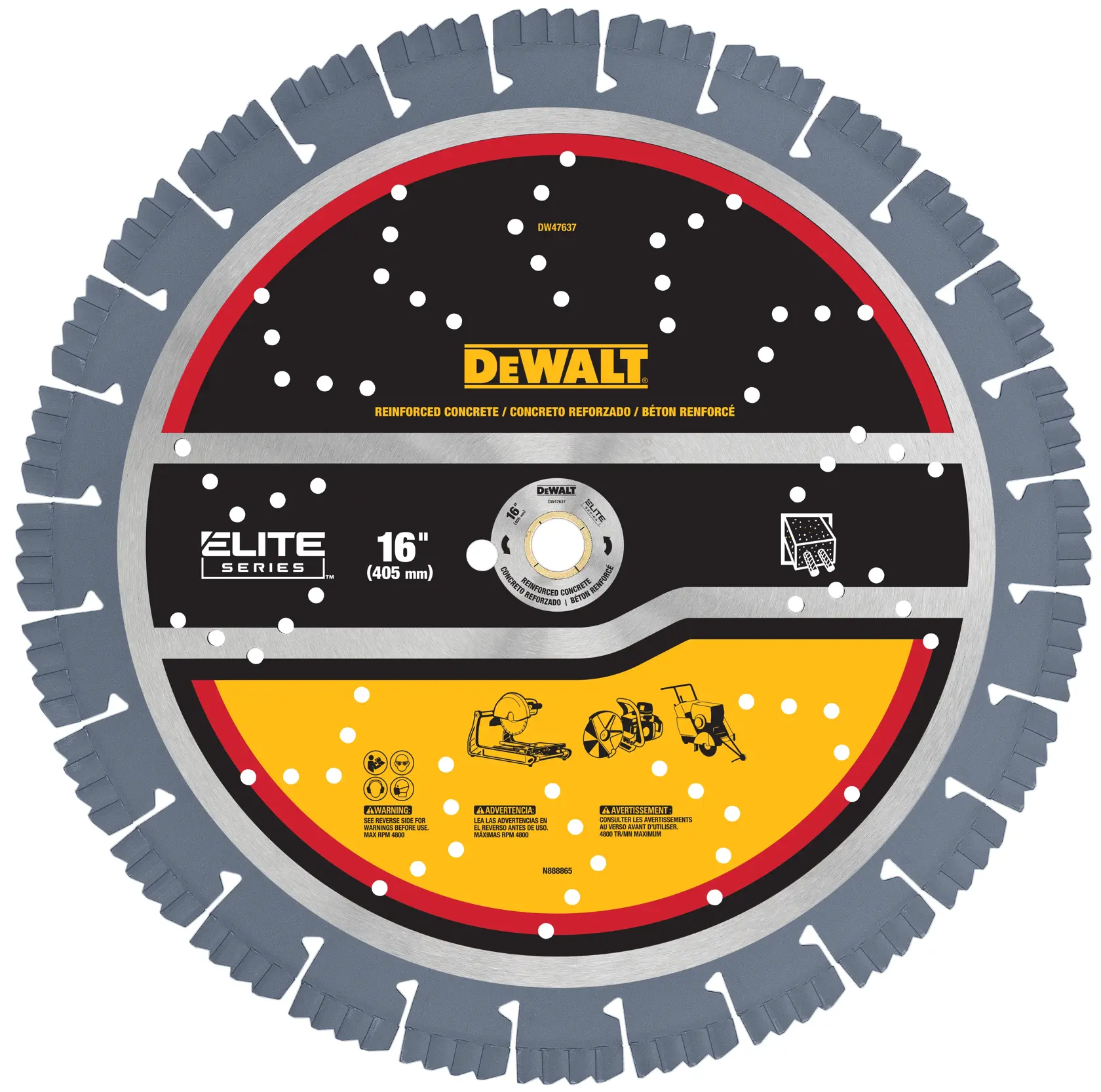 A DEWALT Elite Series 16-inch (405 mm) reinforced concrete circular saw blade. The blade features segmented edges designed for cutting concrete, and has information and warning icons printed on its surface.