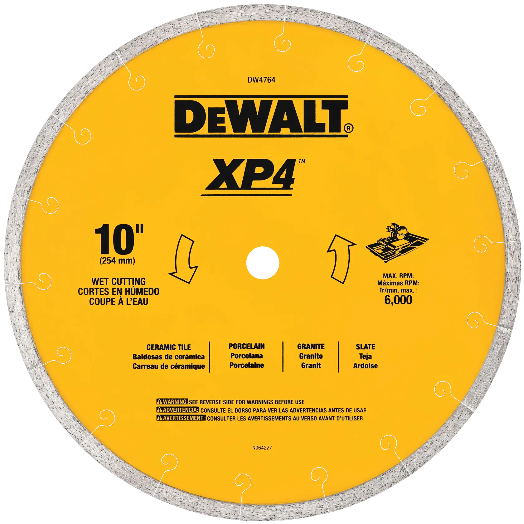 A DEWALT XP4 10-inch wet cutting diamond blade for tile, porcelain, granite, and slate. The blade is yellow with product information printed in black, including recommended maximum RPM of 6000, descriptions in English, Spanish, and French, and a warning to check the reverse side for safety instructions.