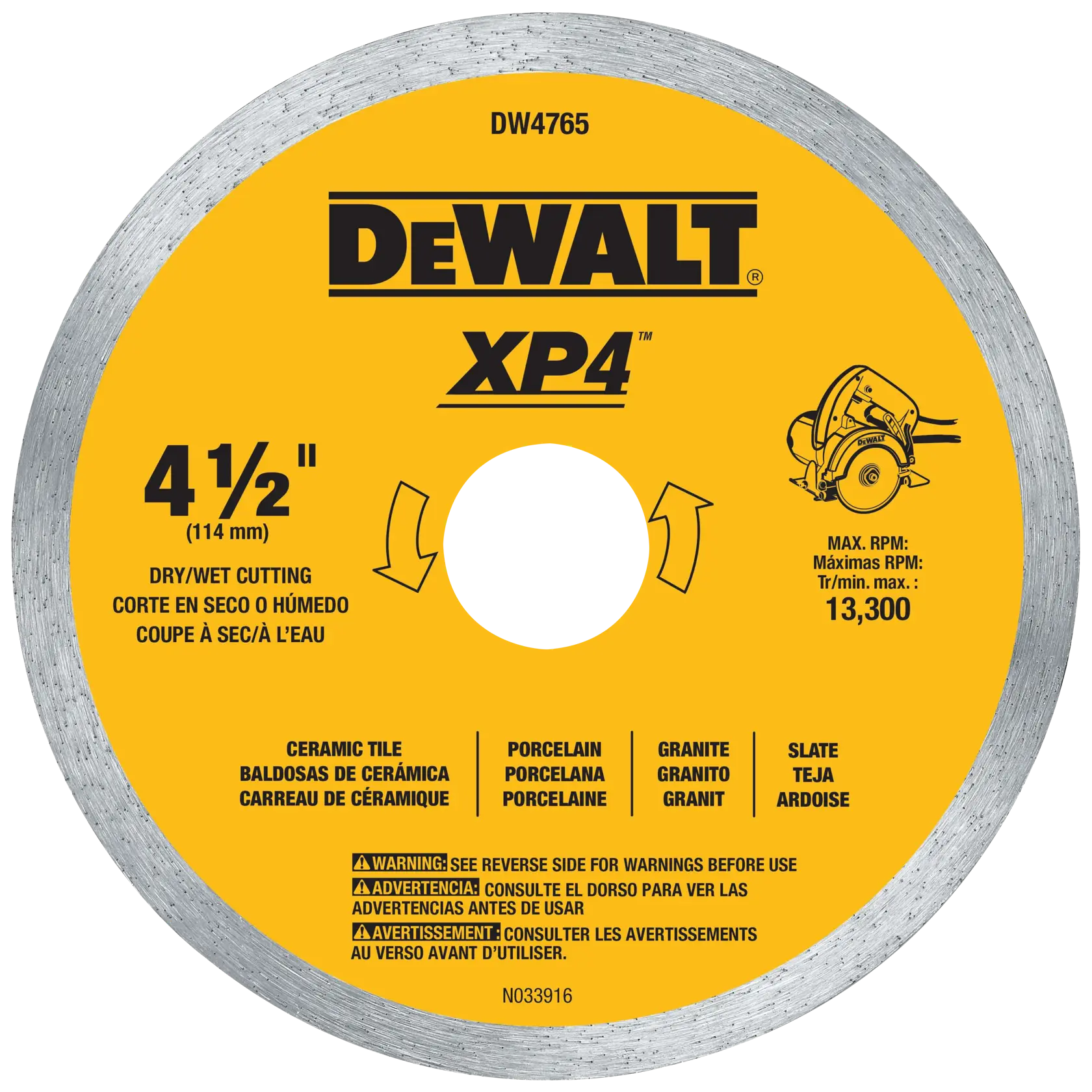 A DEWALT XP4 circular saw blade model DW4765 for cutting ceramic tile, porcelain, granite, and slate. The blade is yellow with silver edges, measures 4 1/2 inches (114 mm), and is suitable for dry or wet cutting. Maximum RPM is 13,300. Safety warnings are printed in English, Spanish, and French.