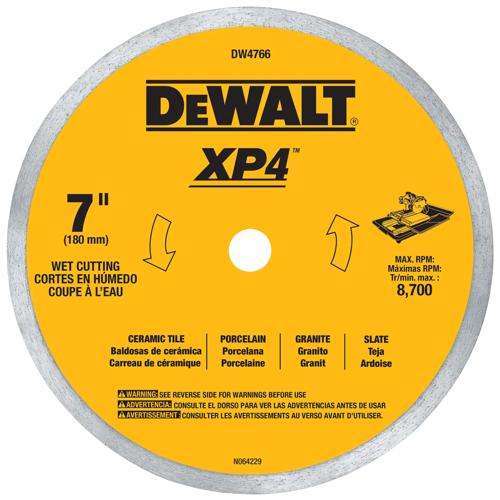 A circular DEWALT XP4 branded diamond blade for wet cutting, 7 inch (180 mm) diameter, suitable for ceramic tile, porcelain, granite, and slate. The blade has a yellow center with multilingual text, rotation arrows, and indicates a maximum RPM of 8,700.