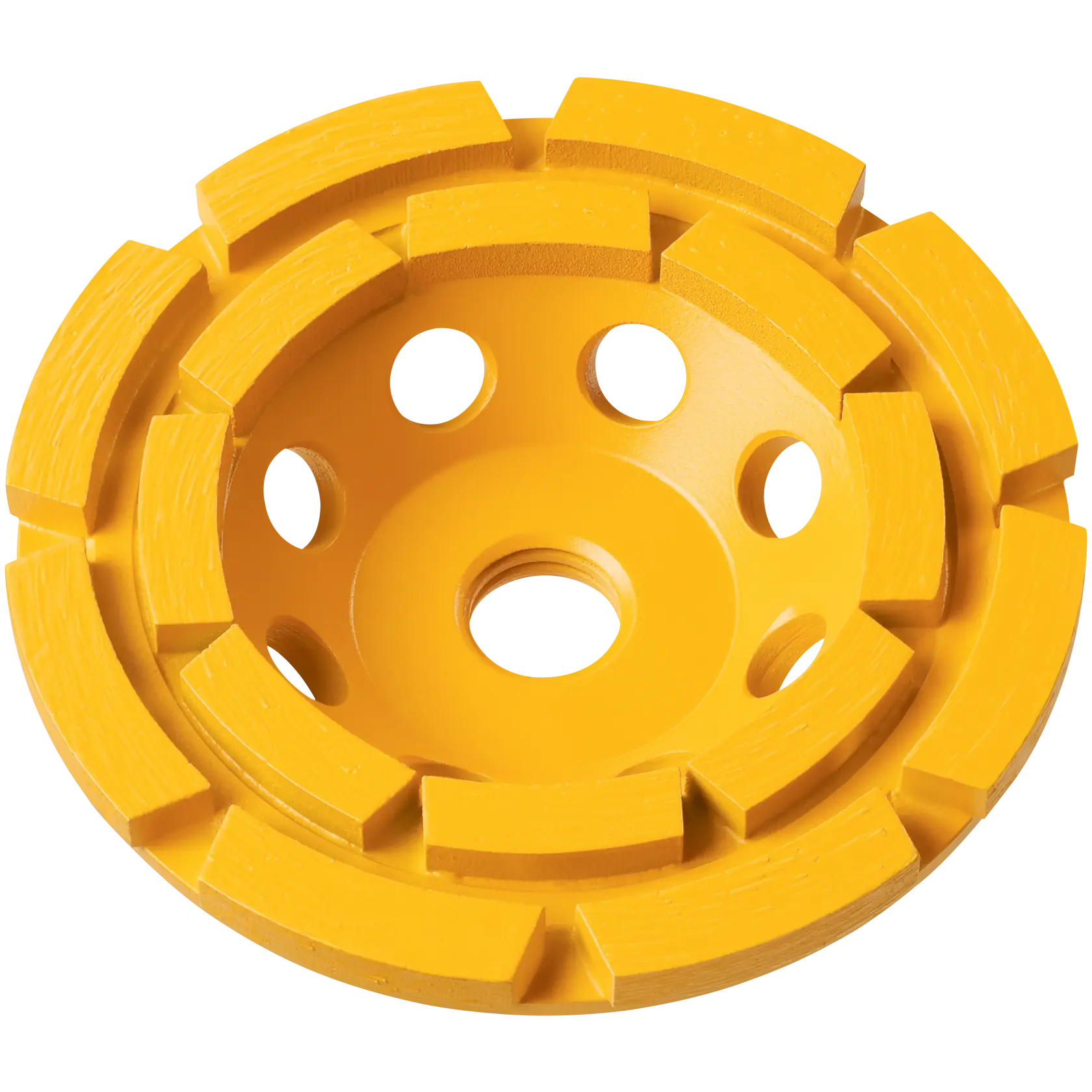 A yellow segmented grinding wheel with multiple holes, designed for use with power tools for surface grinding applications.