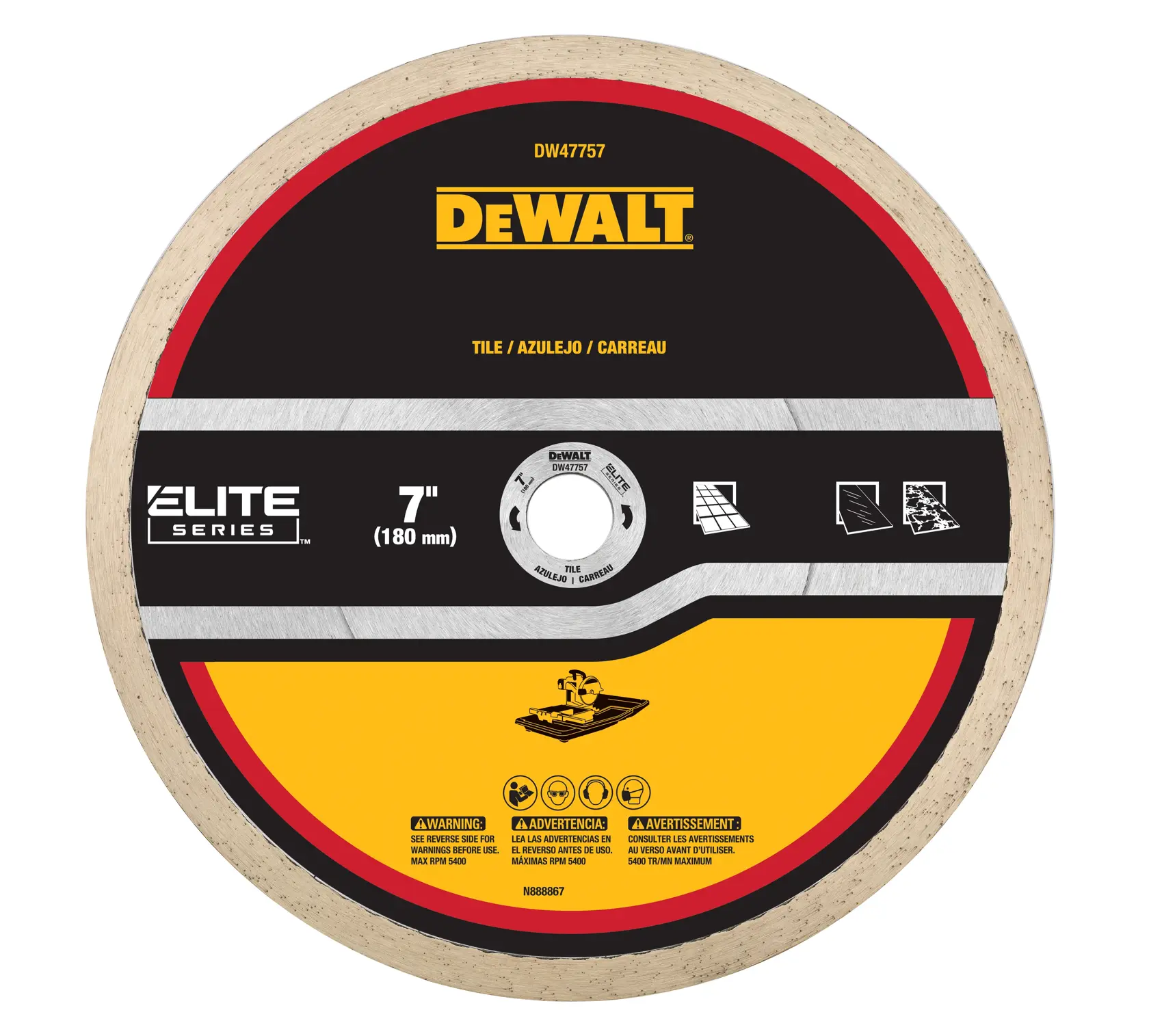 A DEWALT Elite Series 7 inch (180 mm) tile cutting blade, model DW47757, designed for cutting tiles. The blade is circular with a beige edge and features black, silver, and yellow color segments with safety warnings and product specifications on the front.