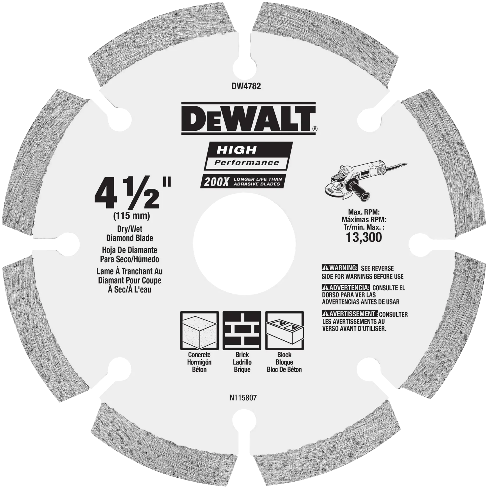 DEWALT DW4782 high performance diamond blade for dry or wet cutting, 4.5 inch (115 mm) size, recommended for use with concrete, brick, and block materials. Features segmented rim design and maximum RPM rating of 13,300.
