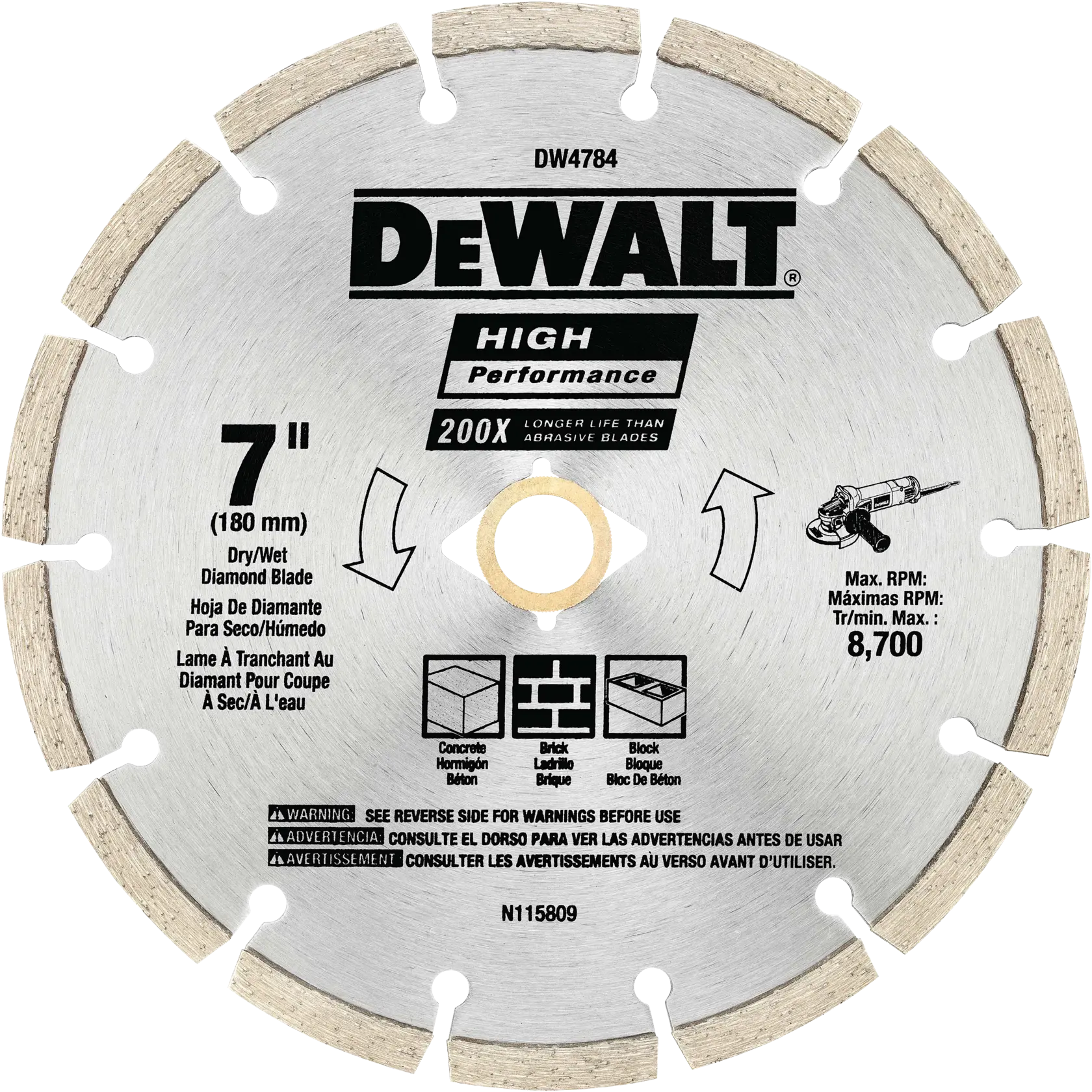 A DEWALT 7-inch (180 mm) segmented diamond blade for dry or wet cutting, suitable for concrete, brick, and block. The blade features high performance claims and maximum RPM of 8,700. Product code DW4784 is visible. Safety and usage instructions are printed on the blade.
