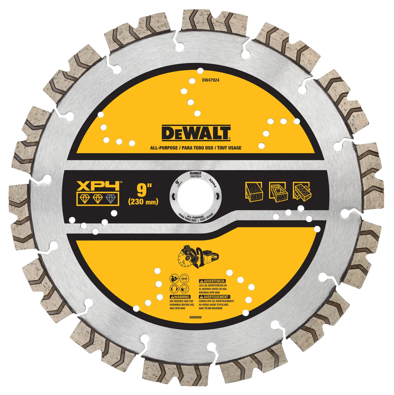A DEWALT XP4 9-inch (230 mm) segmented diamond cutting blade for all-purpose use. The blade is silver with yellow and black detailing, has rugged segments around the edge for cutting, and includes product information and safety icons printed on the surface.