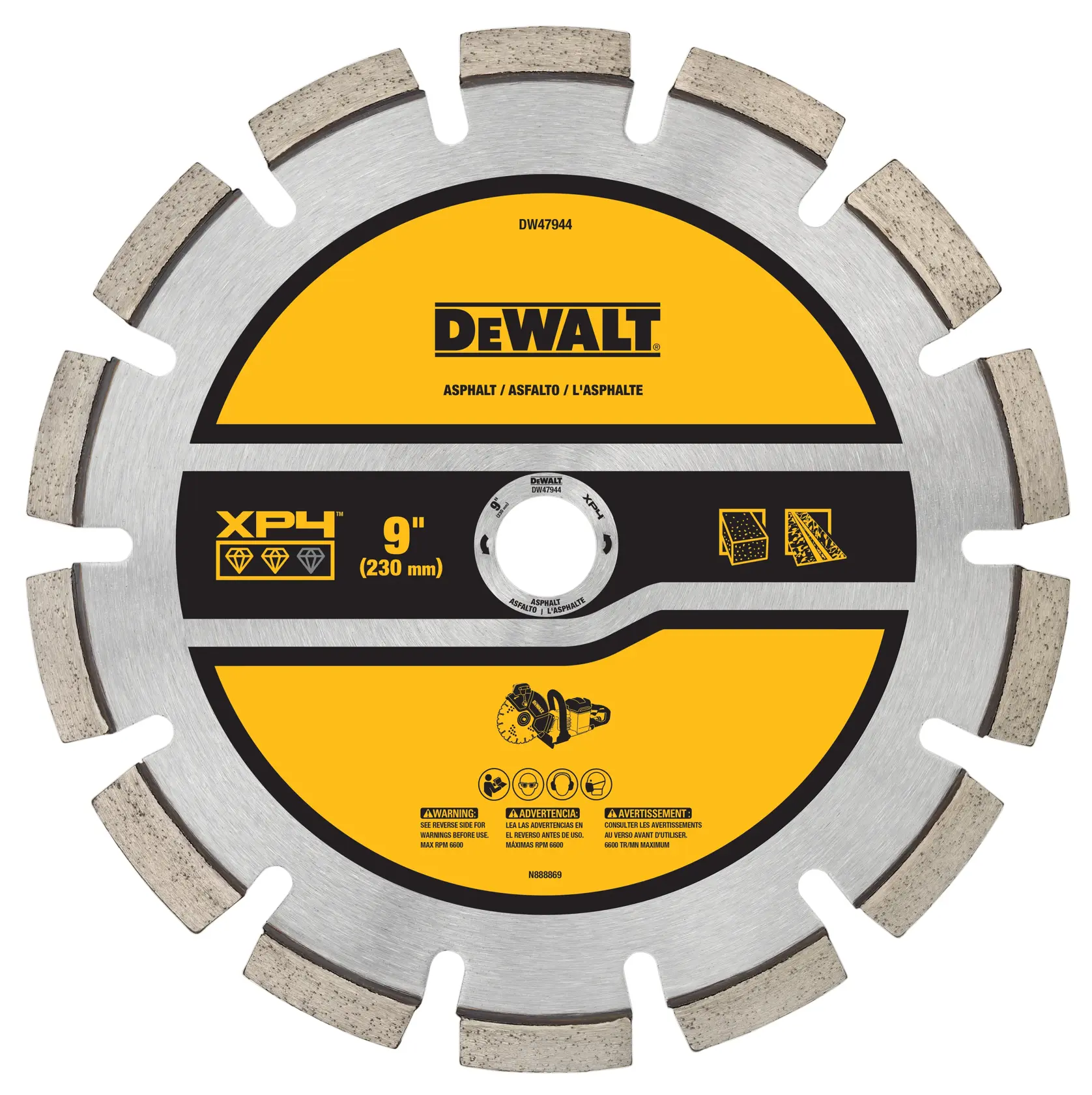 A DEWALT XP4 9-inch (230 mm) segmented diamond saw blade for cutting asphalt. The blade is silver with a yellow and black label in the center, showing the DEWALT logo, product number DW47944, and illustrations of suitable cutting materials and warning information.