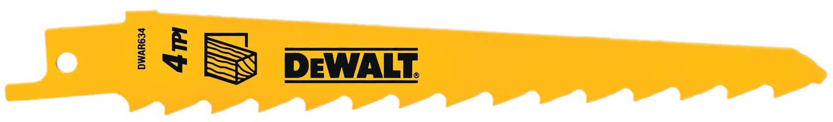 A yellow DEWALT reciprocating saw blade with large teeth, designed for cutting wood. The blade has the DEWALT logo and specifications printed on it.