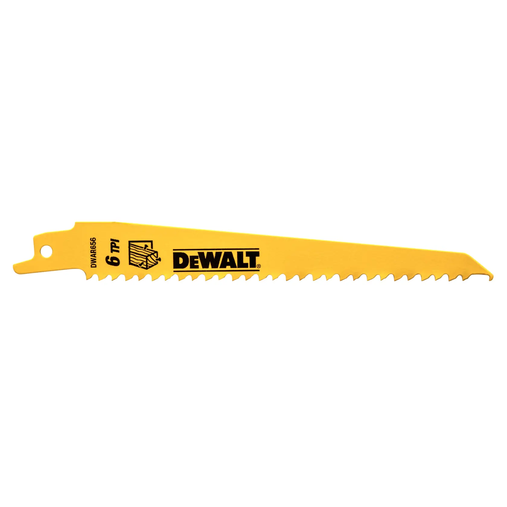 A yellow DEWALT reciprocating saw blade with sharp teeth, marked with '6 TPI' and product code 'DWAR656'.