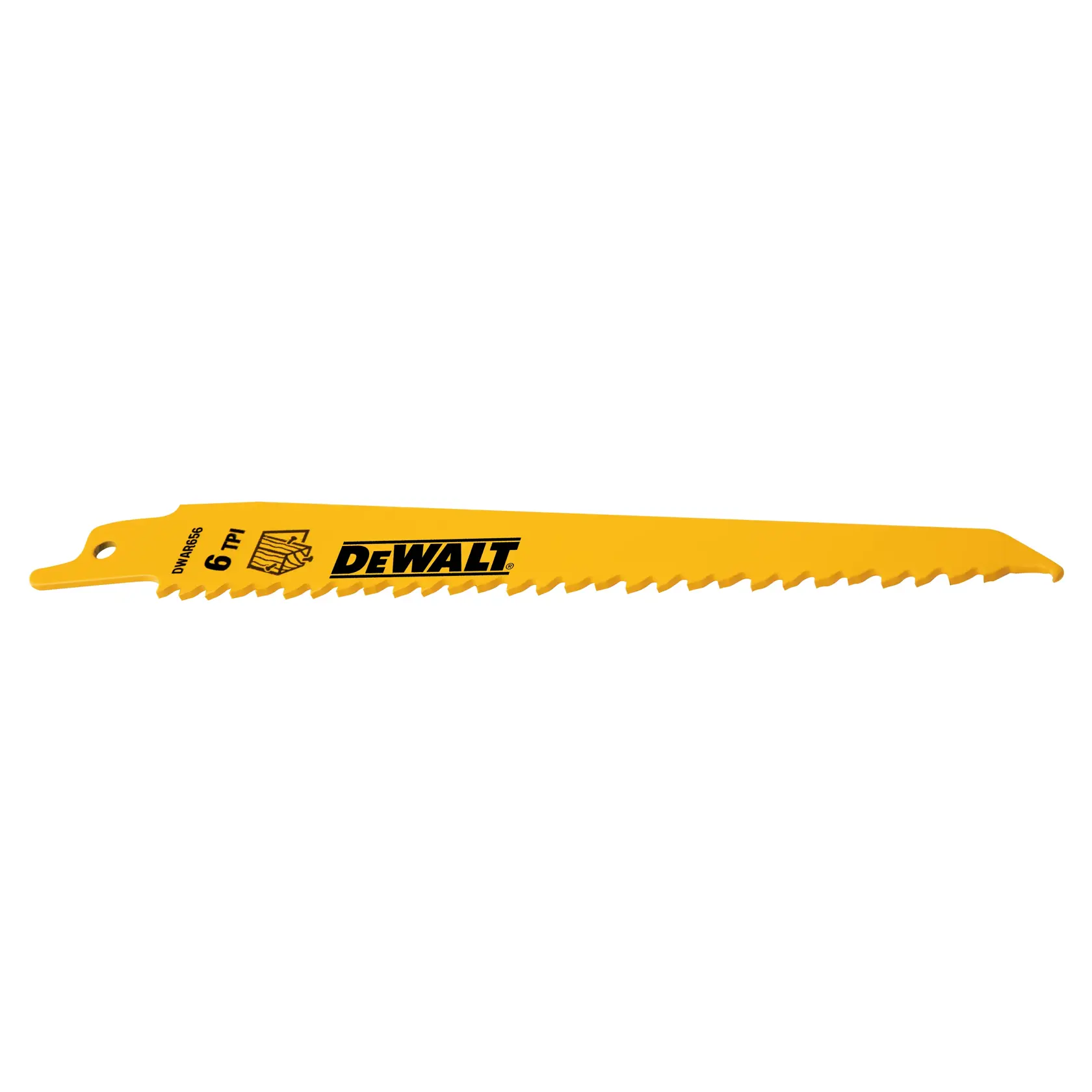 A yellow DEWALT reciprocating saw blade with large teeth and the DEWALT logo printed in black. The blade is labeled with '6 TPI' and has a hole at one end for mounting.