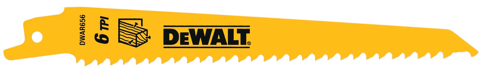 A yellow DEWALT reciprocating saw blade with 6 teeth per inch, shown against a white background.