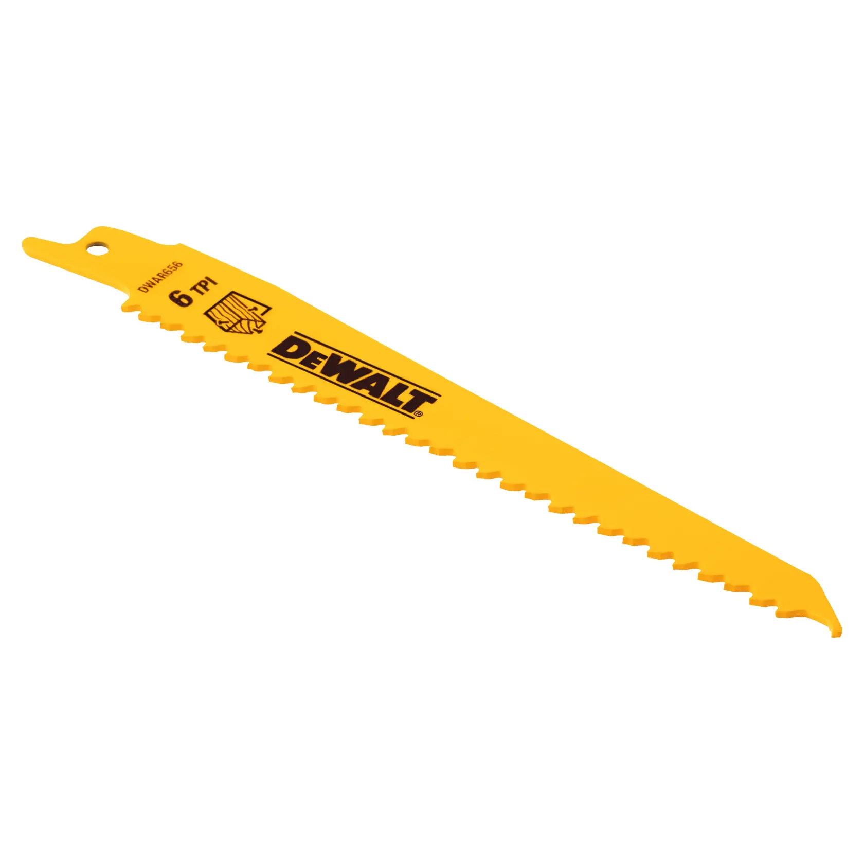 Yellow DEWALT reciprocating saw blade with 6 TPI, designed for wood cutting.