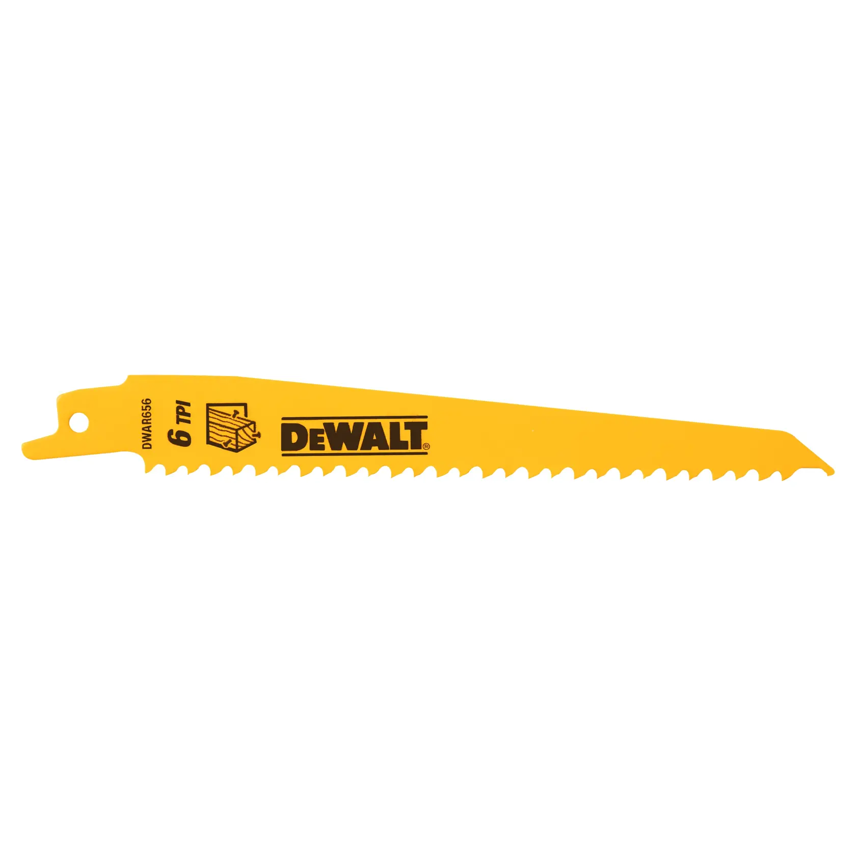 A yellow DEWALT reciprocating saw blade with 6 teeth per inch, designed for cutting wood.