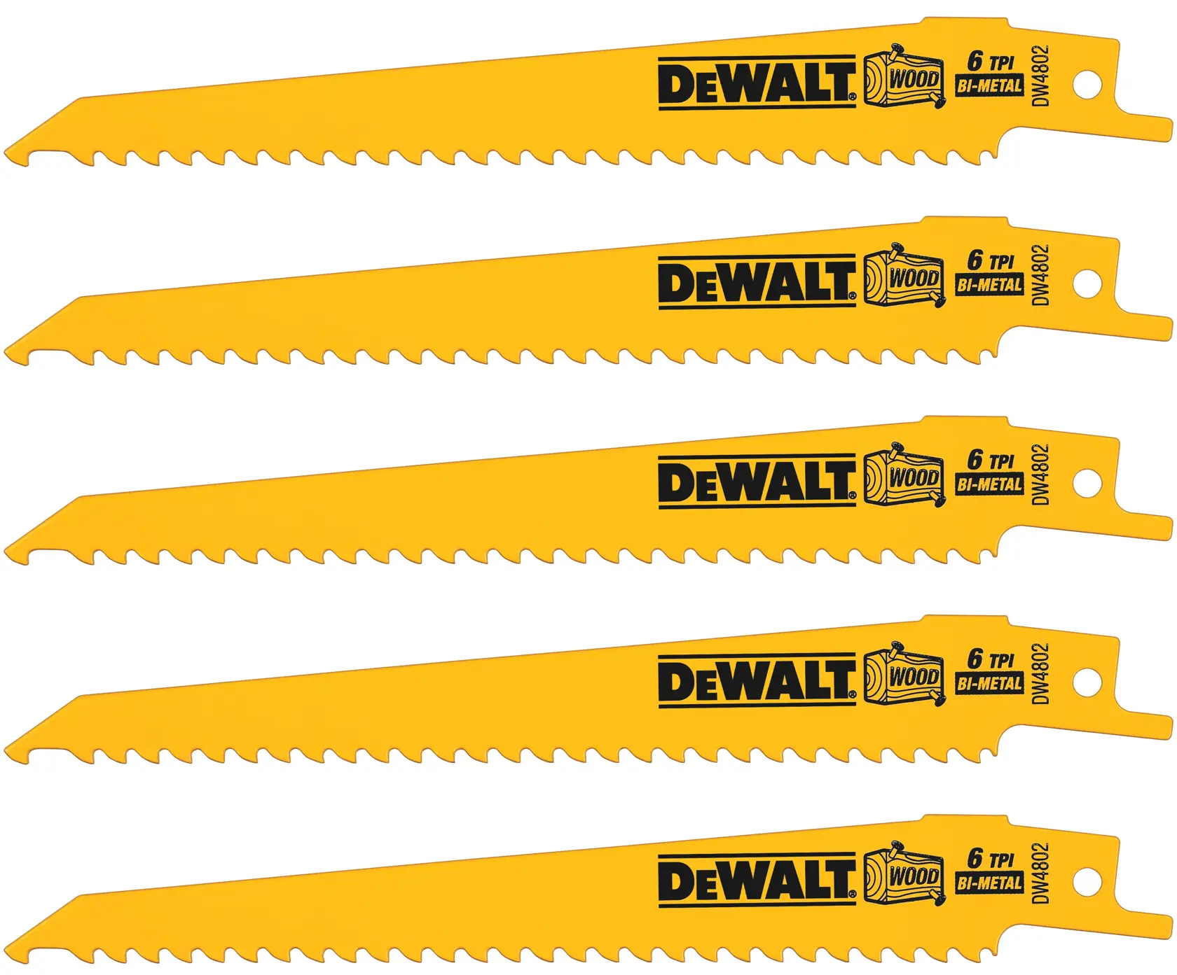 Five yellow DEWALT reciprocating saw blades for wood, bi-metal construction, with 6 teeth per inch (TPI), model DW4802, displayed in parallel rows.
