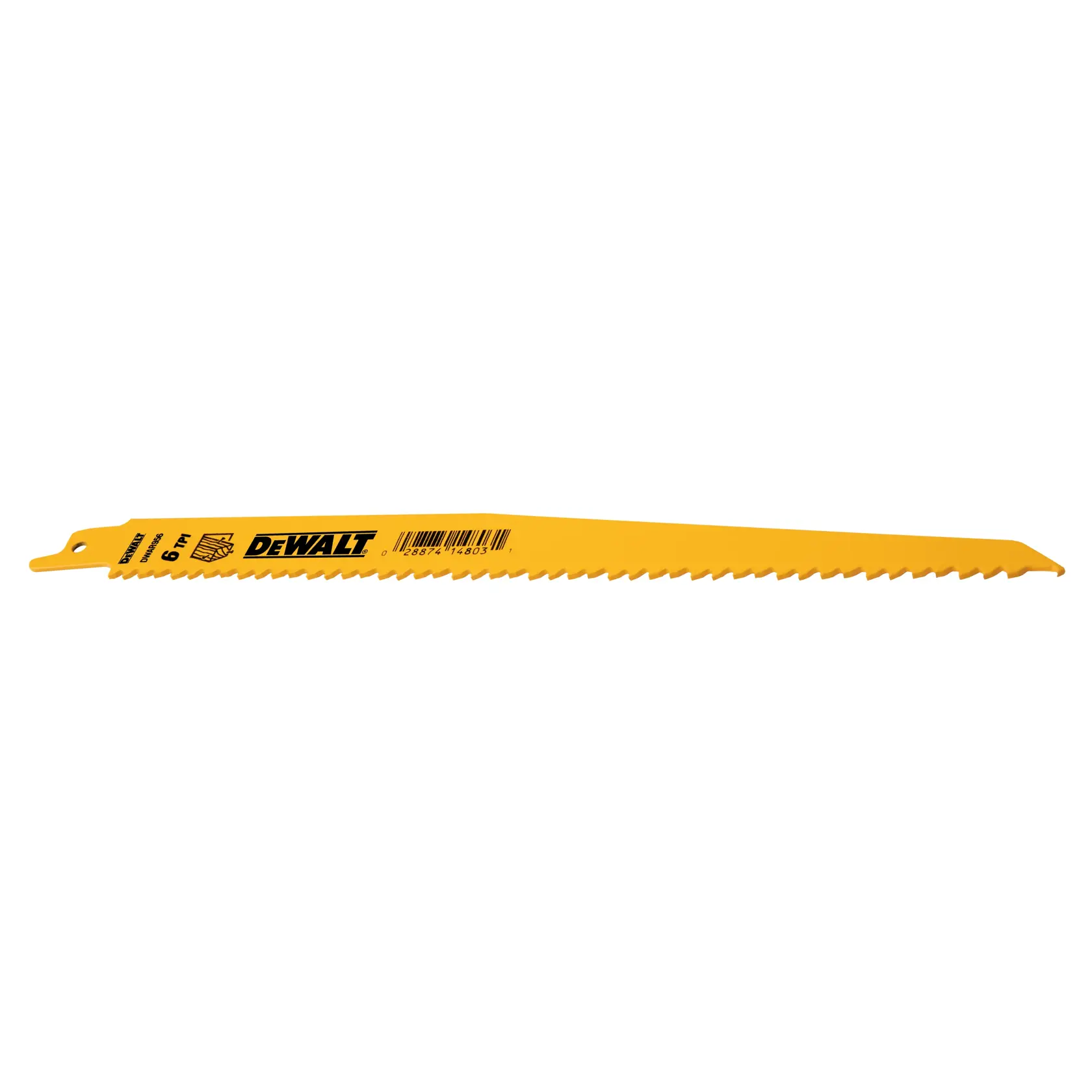 A yellow DEWALT reciprocating saw blade with sharp teeth, labeled with the brand logo, specifications, and barcode.