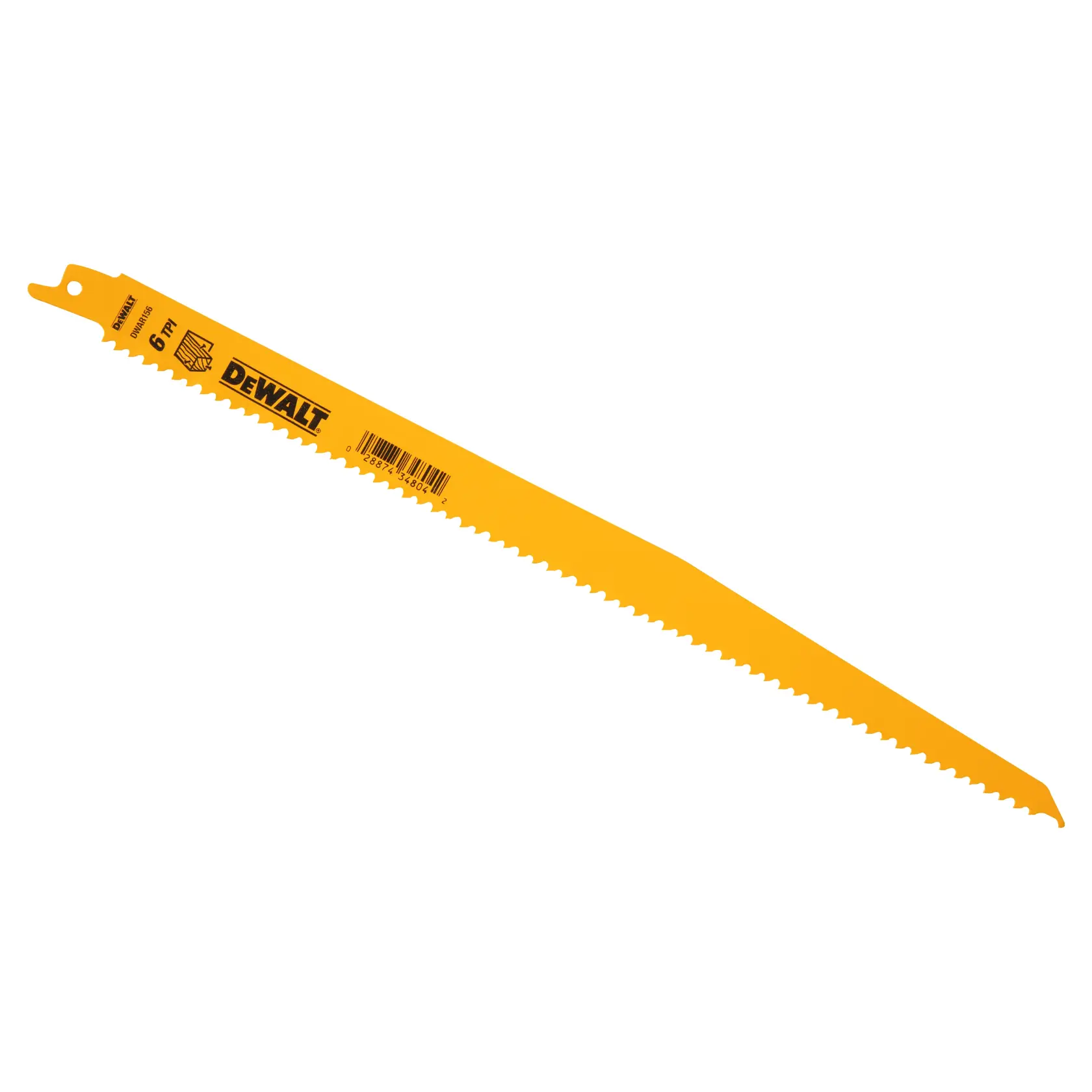 A yellow DEWALT reciprocating saw blade with sharp teeth, designed for cutting wood, shown against a white background.