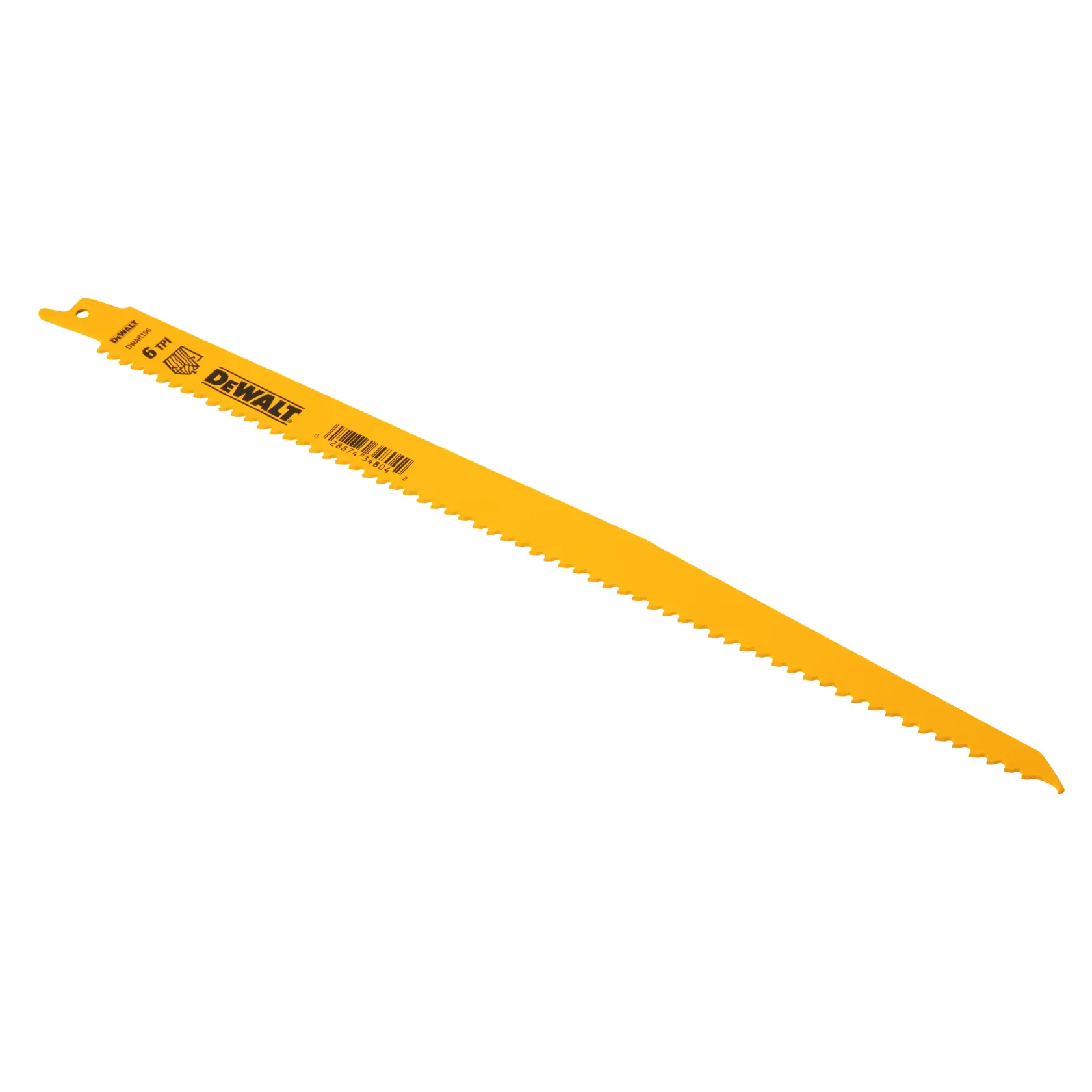 A yellow DEWALT reciprocating saw blade with sharp teeth, suitable for cutting wood.