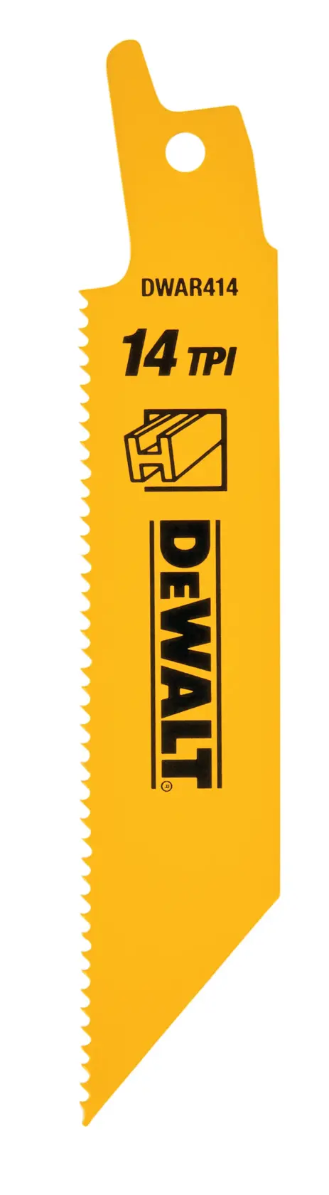 A DEWALT branded yellow reciprocating saw blade with 14 TPI, designed for cutting metal, featuring product code DWAR414.