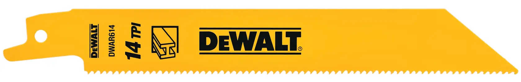 A yellow DEWALT reciprocating saw blade with 14 teeth per inch (TPI) and model number DWAR614, suitable for cutting metal.