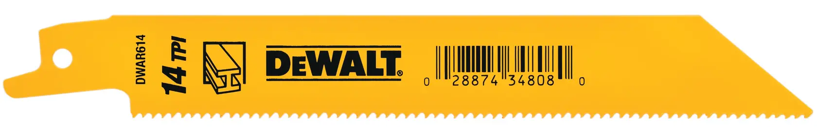 A yellow DEWALT branded reciprocating saw blade with 14 TPI (teeth per inch), featuring a barcode and product markings.