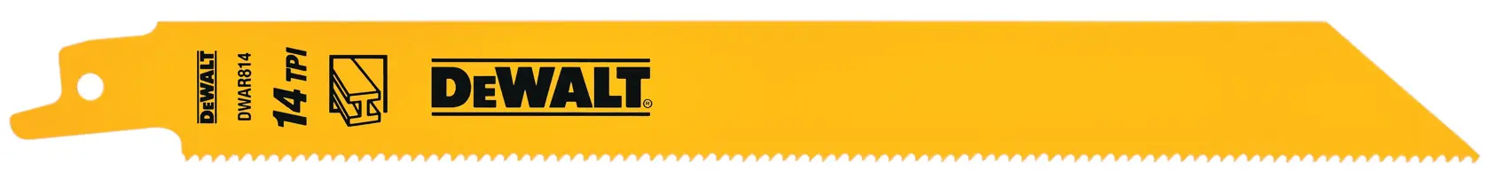 A yellow DEWALT reciprocating saw blade, model DW4809, with 14 teeth per inch (TPI), designed for cutting metal.