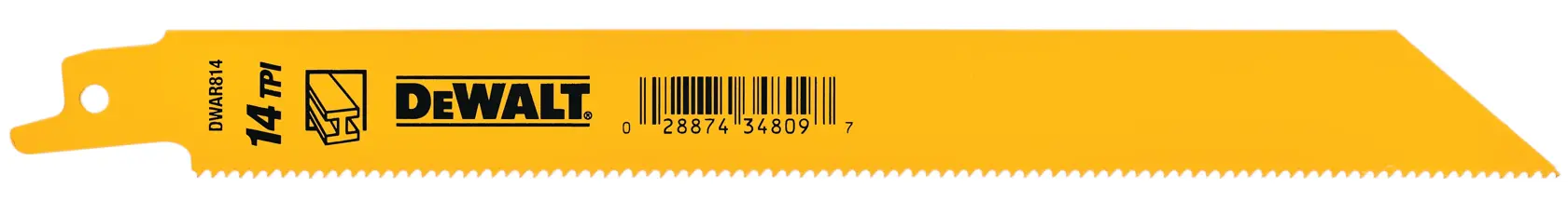 A yellow DEWALT reciprocating saw blade with 14 TPI, labeled DW4809, shown against a white background.