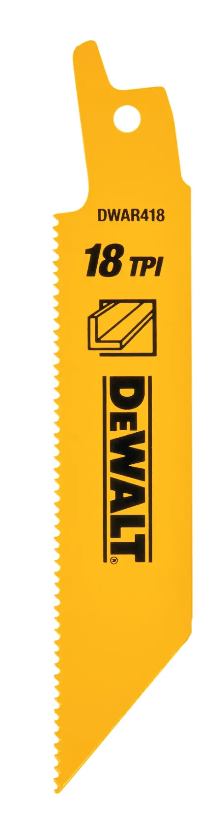 A yellow DEWALT reciprocating saw blade with 18 TPI, model DWAR418, designed for cutting metal.