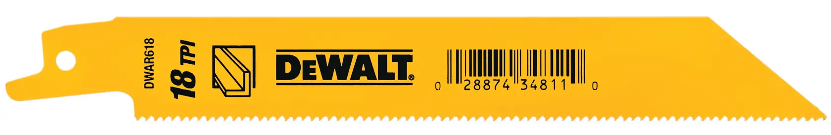 A yellow DEWALT reciprocating saw blade with a barcode and text indicating 18 TPI (teeth per inch), suitable for cutting metal.